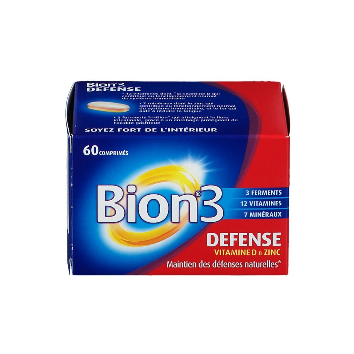 Boîte bleue avec Bion3 Defense. Inscription: 60 comprimés, 3 ferments, 12 vitamines, 7 minéraux.