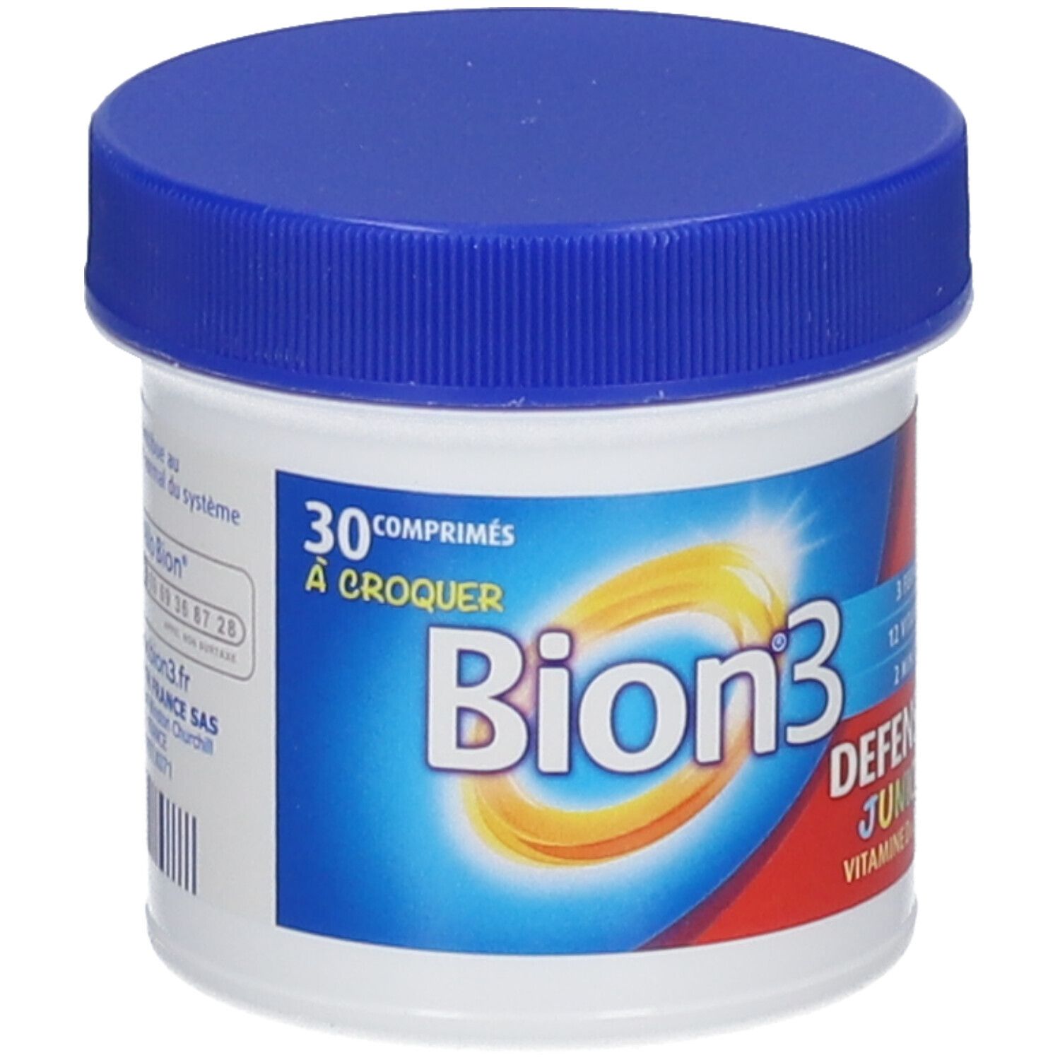 Boîte ronde blanche et couvercle bleu. Inscription: Bion3, Defense Junior, 30 comprimés. Logo jaune.