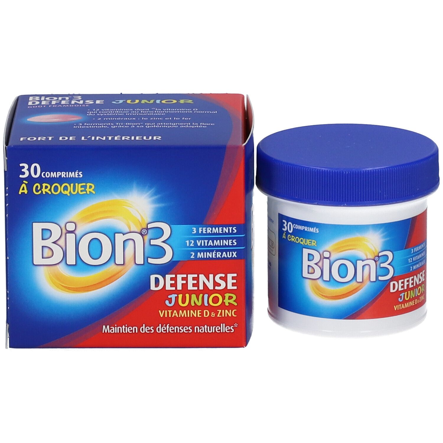 Emballage et boîte du produit. Boîte bleue et blanche avec inscription Bion3, Defense Junior. Boîte avec couvercle bleu.