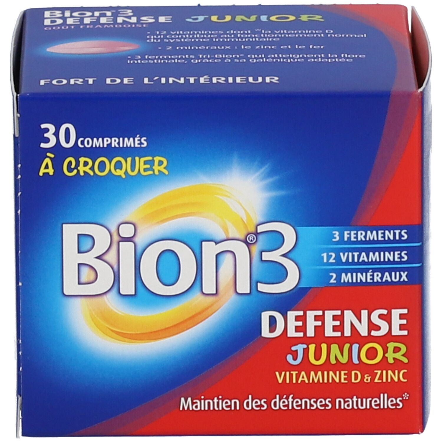 Boîte bleue et blanche avec inscription Bion3, Defense Junior. 30 comprimés. Logo jaune. Texte: Maintien des défenses naturelles.