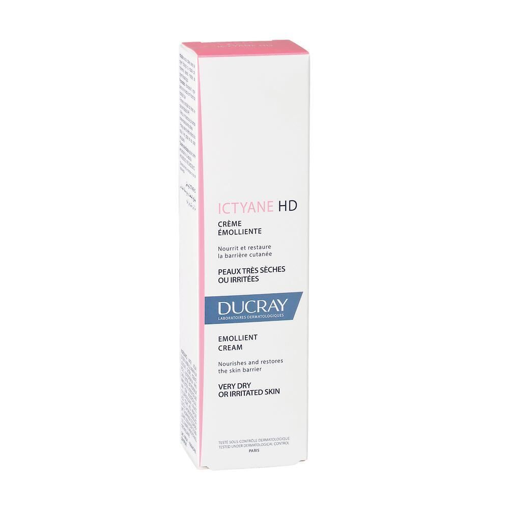 Boîte de crème émolliente Ictyane HD. Pour peaux très sèches ou irritées. Ducray. Emballage rose et blanc.
