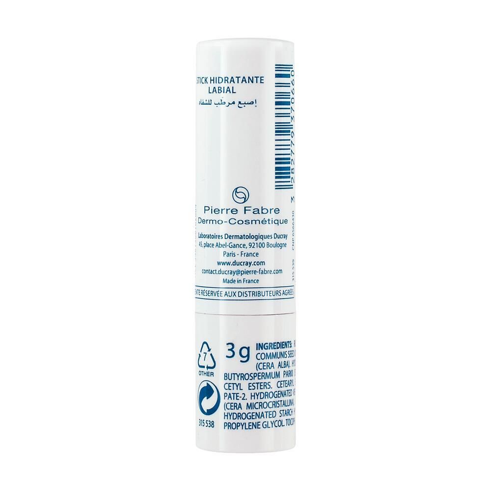 Rückseite des Ducray Ictyane Lippenpflegestifts. Enthält Informationen zu Inhaltsstoffen und Hersteller.