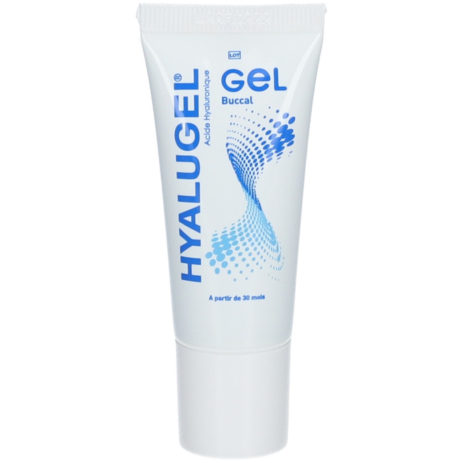 Weiße Tube mit blauem Schriftzug HYALUGEL, Gel Buccal. Enthält Hyaluronsäure. Für Kinder ab 30 Monaten.