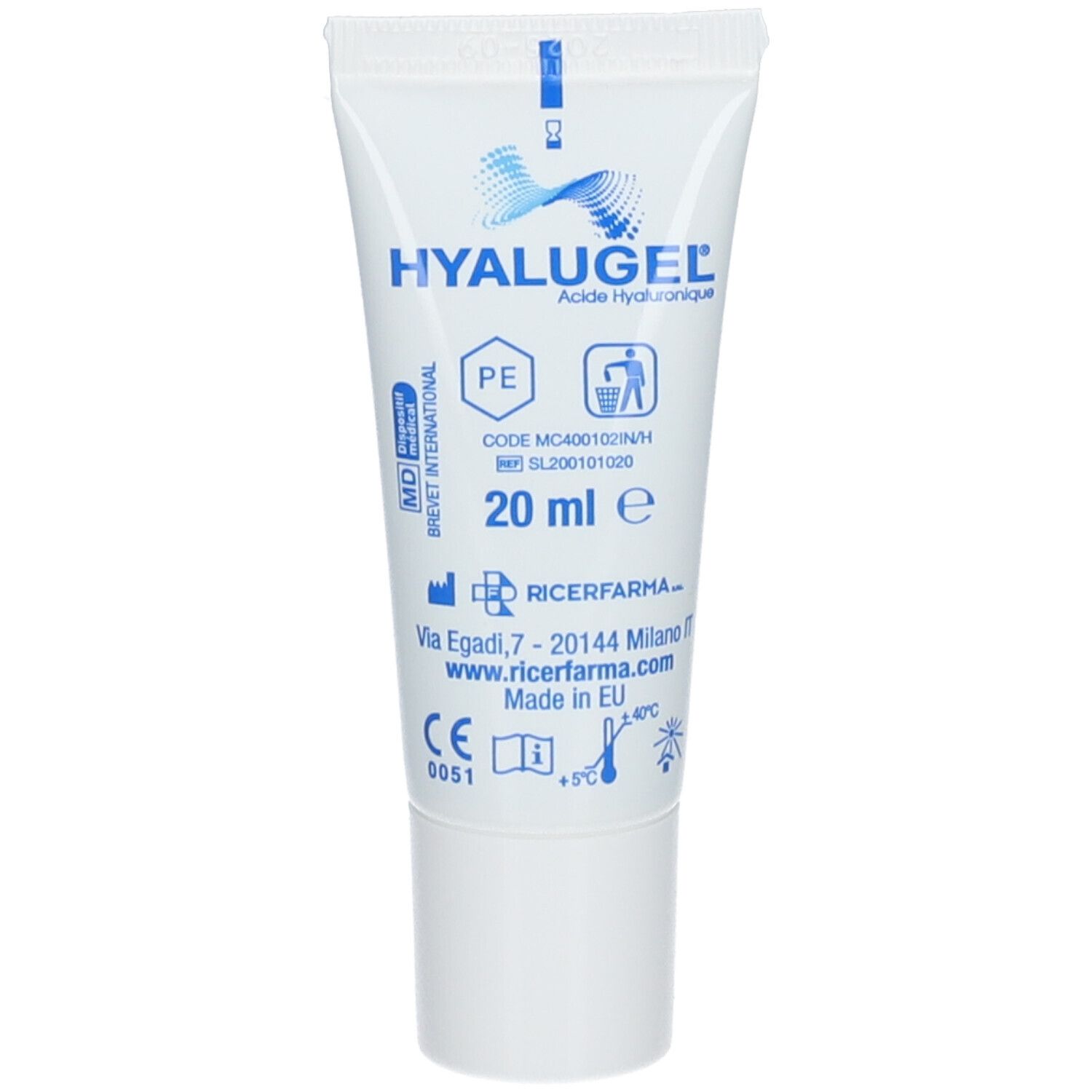 Weiße Tube HYALUGEL Gel Buccal, 20 ml. Enthält Hyaluronsäure. Mit Symbolen für Recycling und CE-Kennzeichnung.