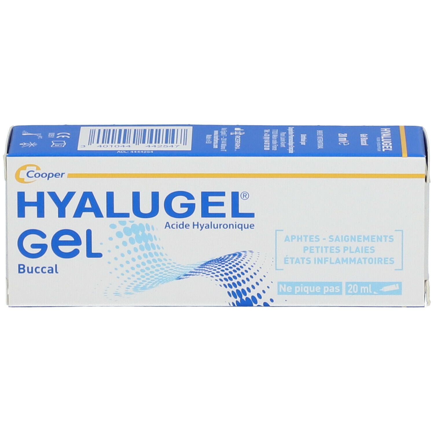 Weiße Packung HYALUGEL Gel Buccal. Produktname, Inhaltsstoffe, 20 ml. Blaue und weiße Farbgebung.
