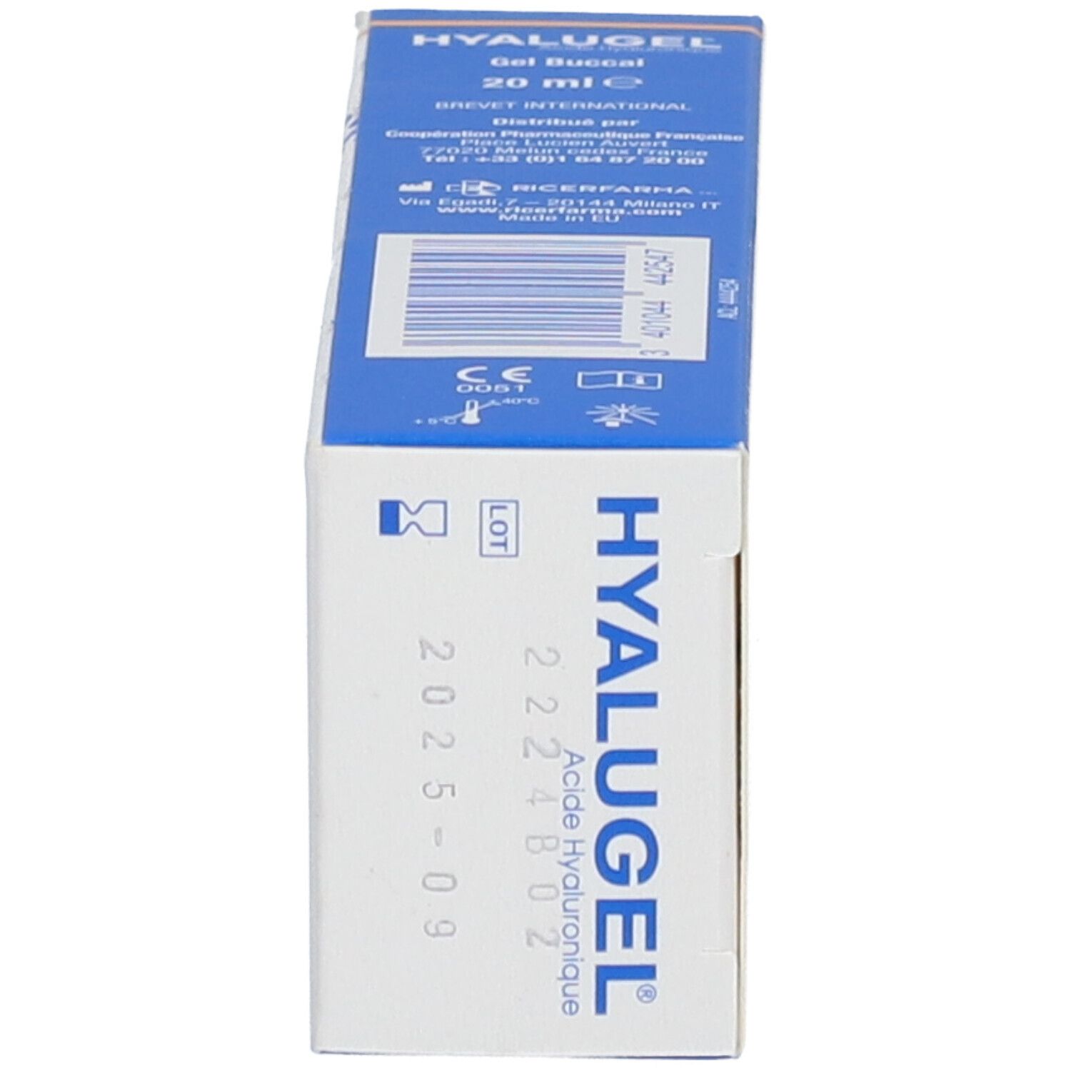 Seitenansicht der Packung HYALUGEL Gel Buccal. Produktname, Verfallsdatum 2025-09. Blaue und weiße Farben.
