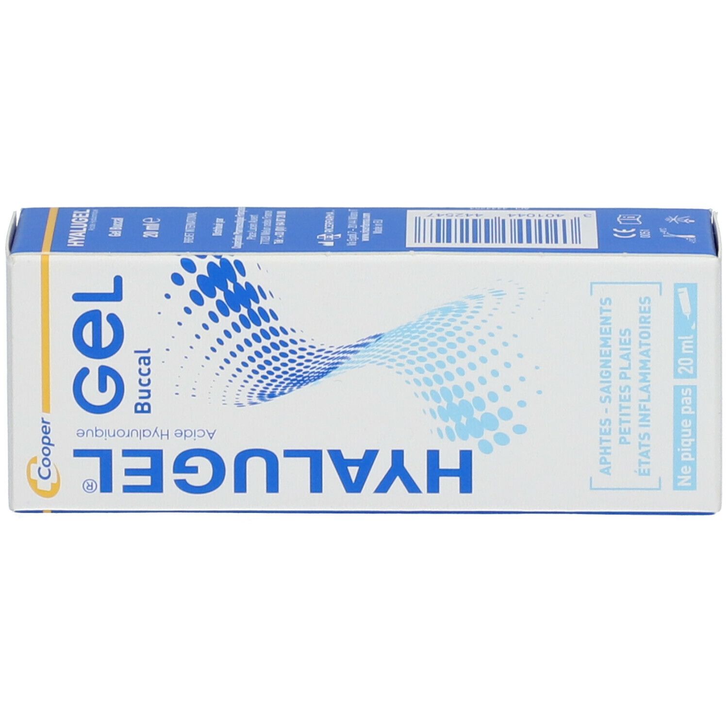 Packung HYALUGEL Gel Buccal. Produktname, Inhaltsstoffe, 20 ml. Blaue und weiße Farbgebung.