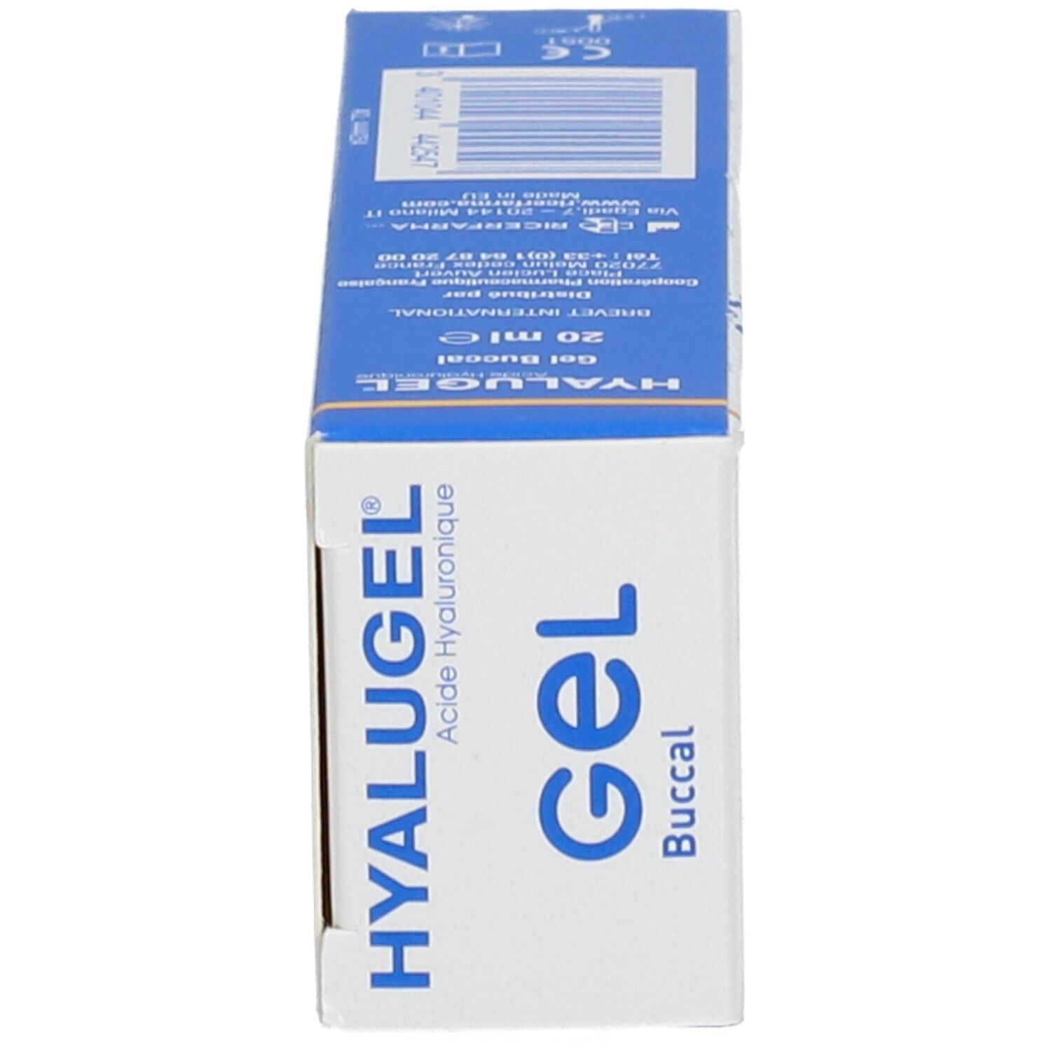 Seitenansicht der Packung HYALUGEL Gel Buccal. Produktname, 20 ml. Blaue und weiße Farben.