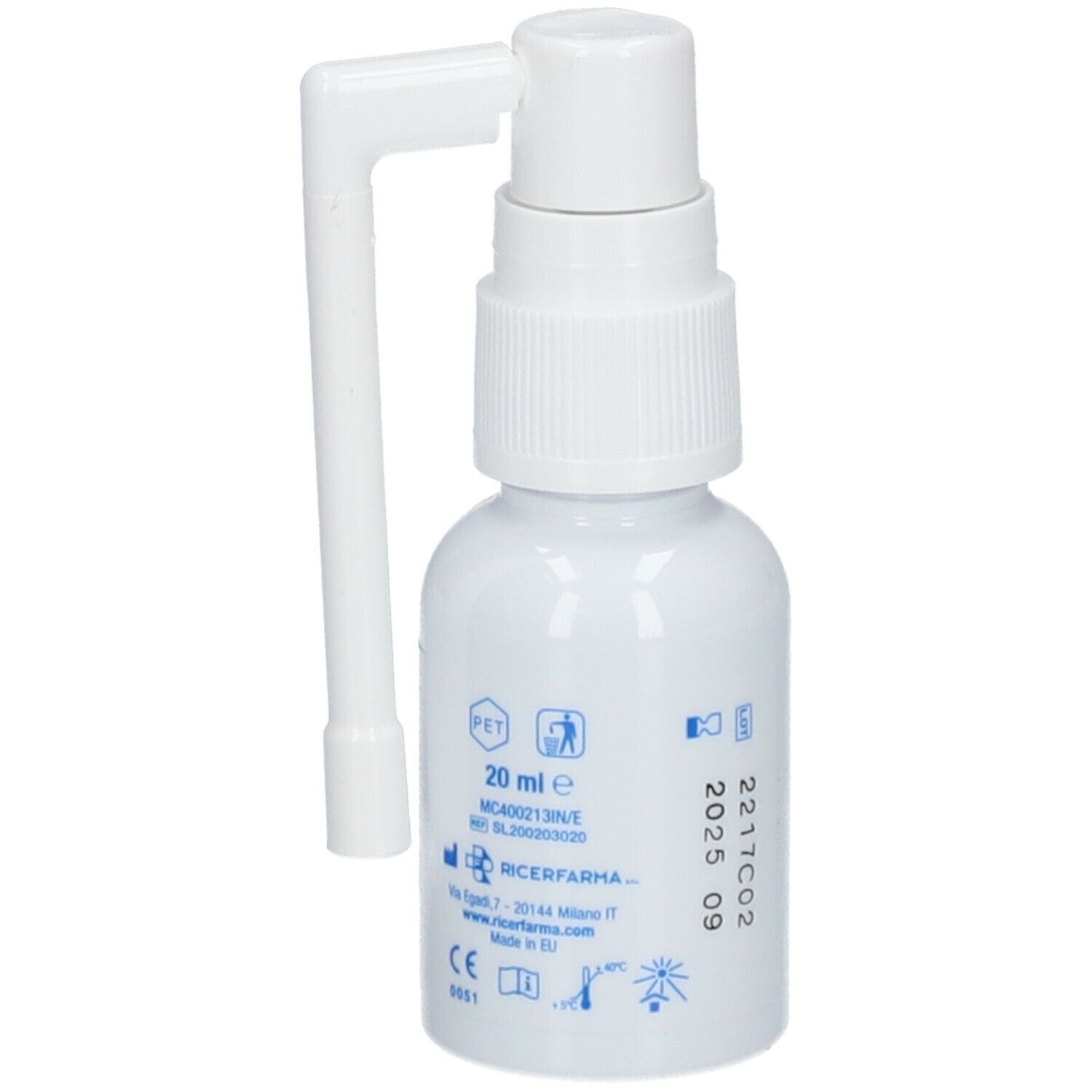 Flacon spray blanc avec applicateur. Inscriptions: HYALUGEL, SPRAY Buccal. Impression: 20 ml. Autres informations imprimées sur le flacon.