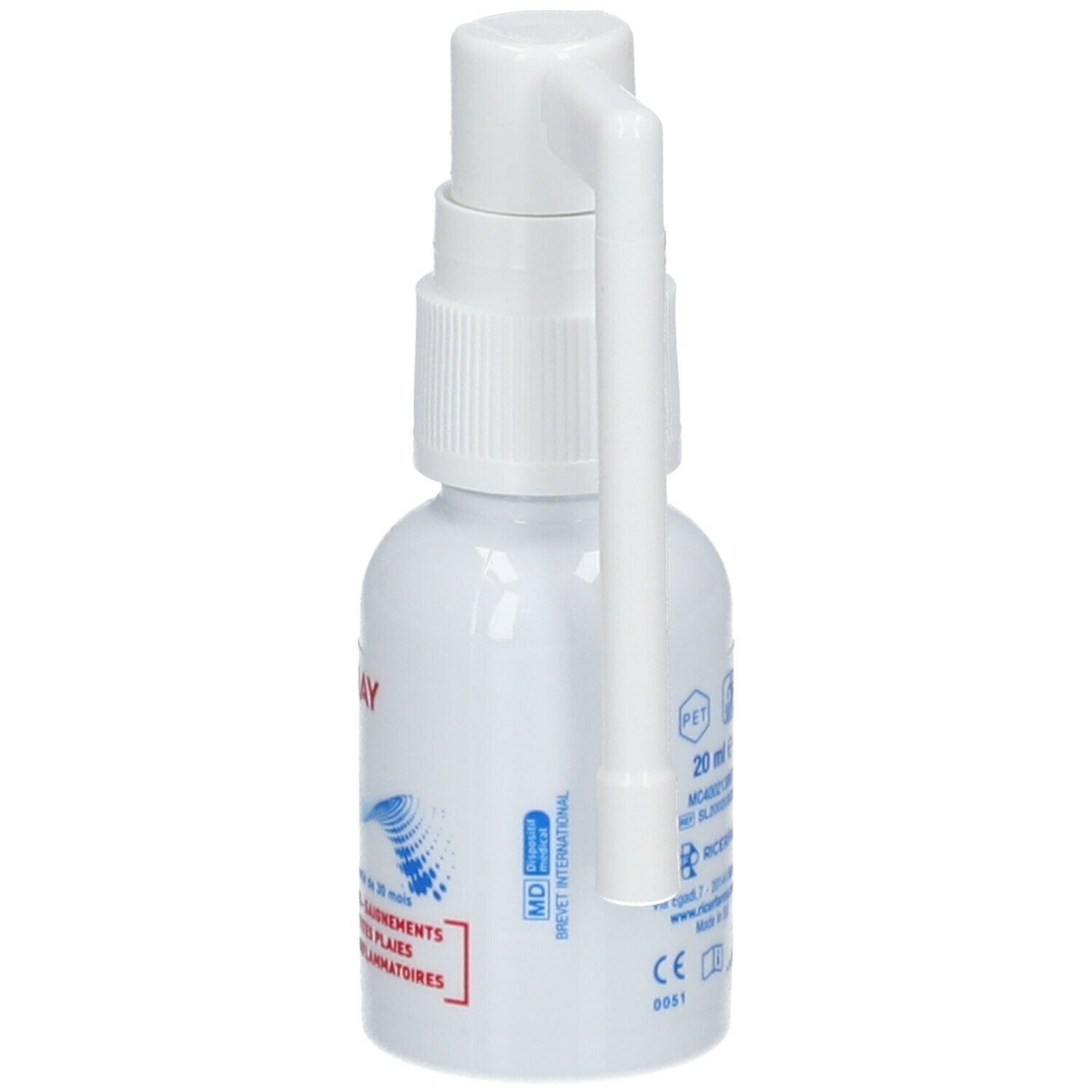 Flacon spray blanc avec applicateur. Inscriptions: HYALUGEL, SPRAY Buccal. Impression: 20 ml. Autres informations imprimées sur le flacon.