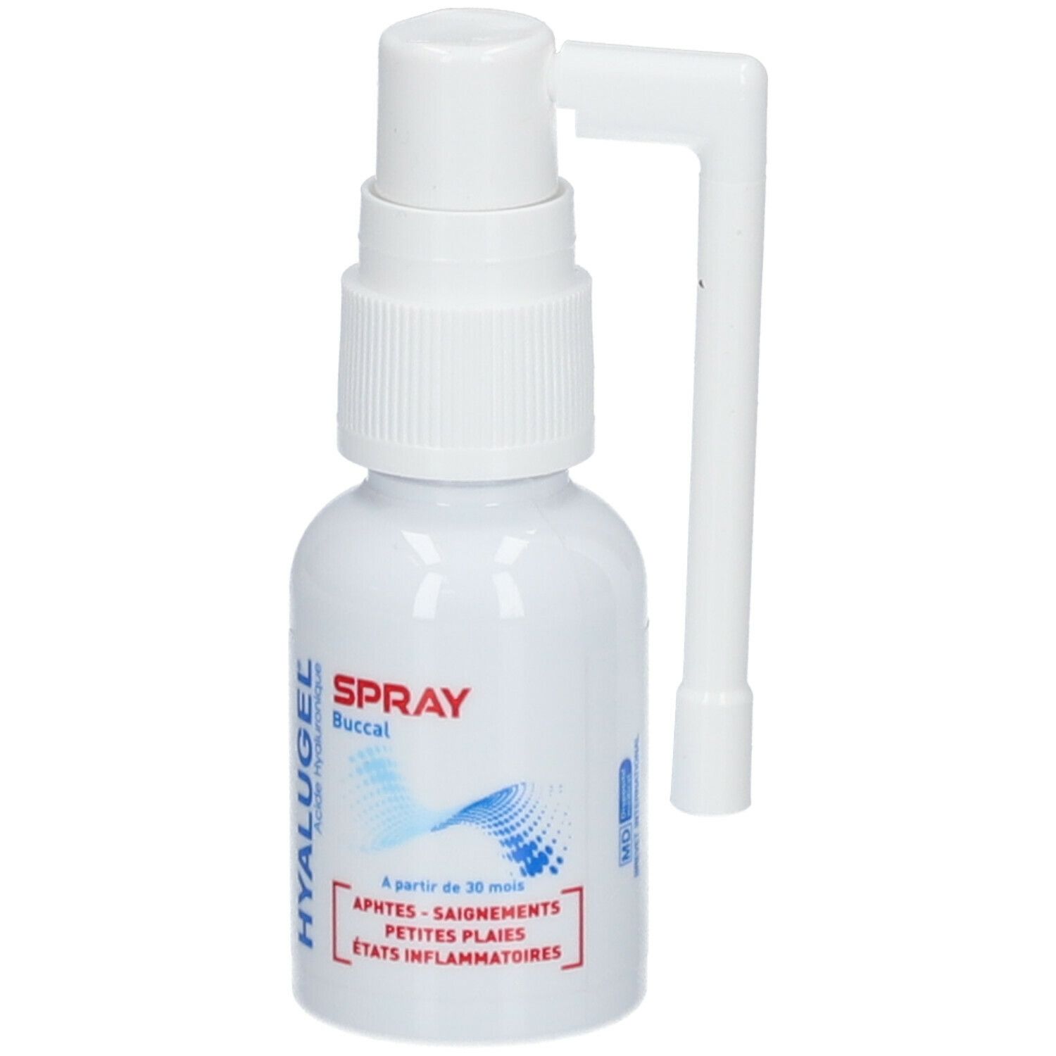 Flacon spray blanc avec applicateur. Inscriptions: HYALUGEL, SPRAY Buccal. Indications: Aphtes, saignements, petites plaies, états inflammatoires.