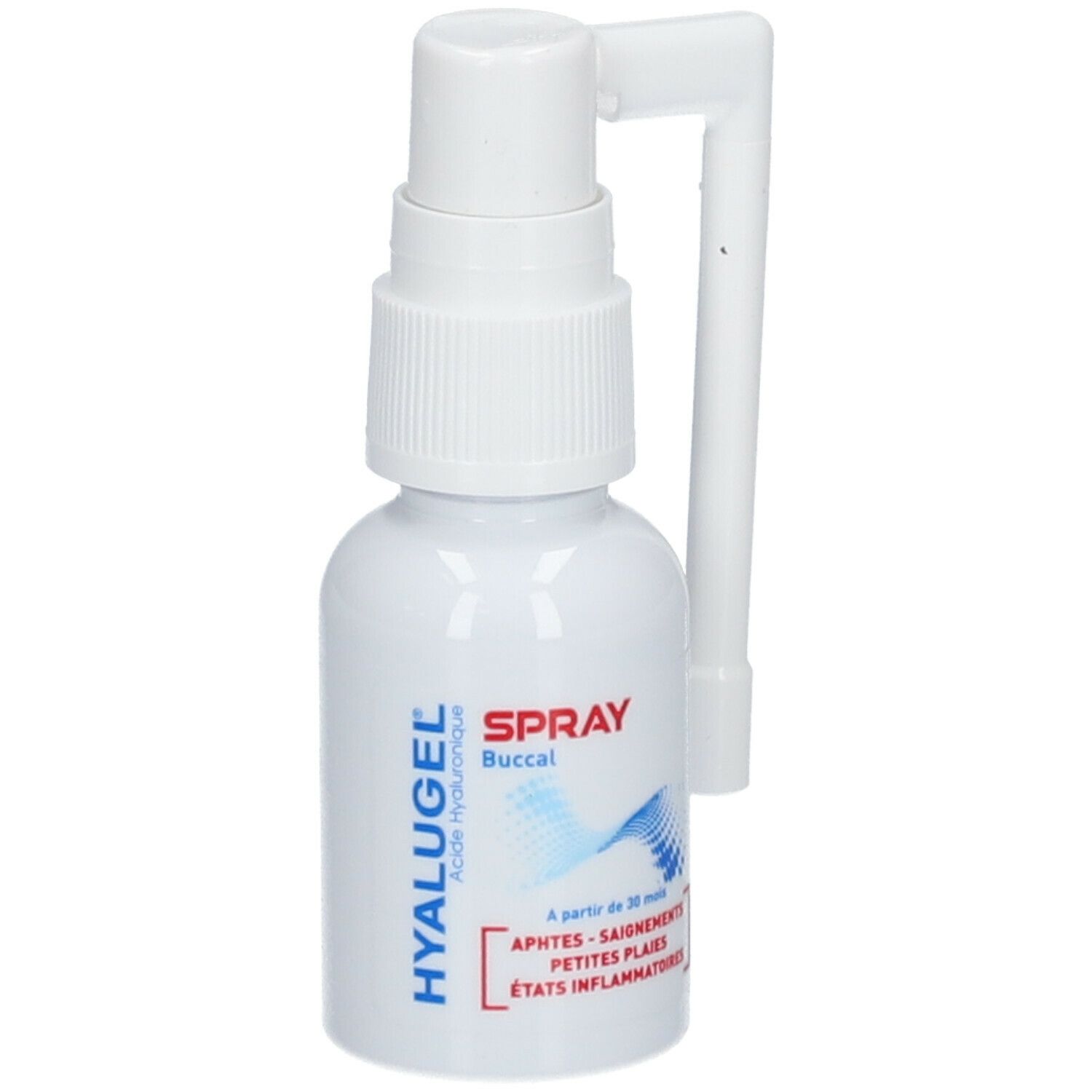 Flacon spray blanc avec applicateur. Inscriptions: HYALUGEL, SPRAY Buccal. Indications: Aphtes, saignements, petites plaies, états inflammatoires.