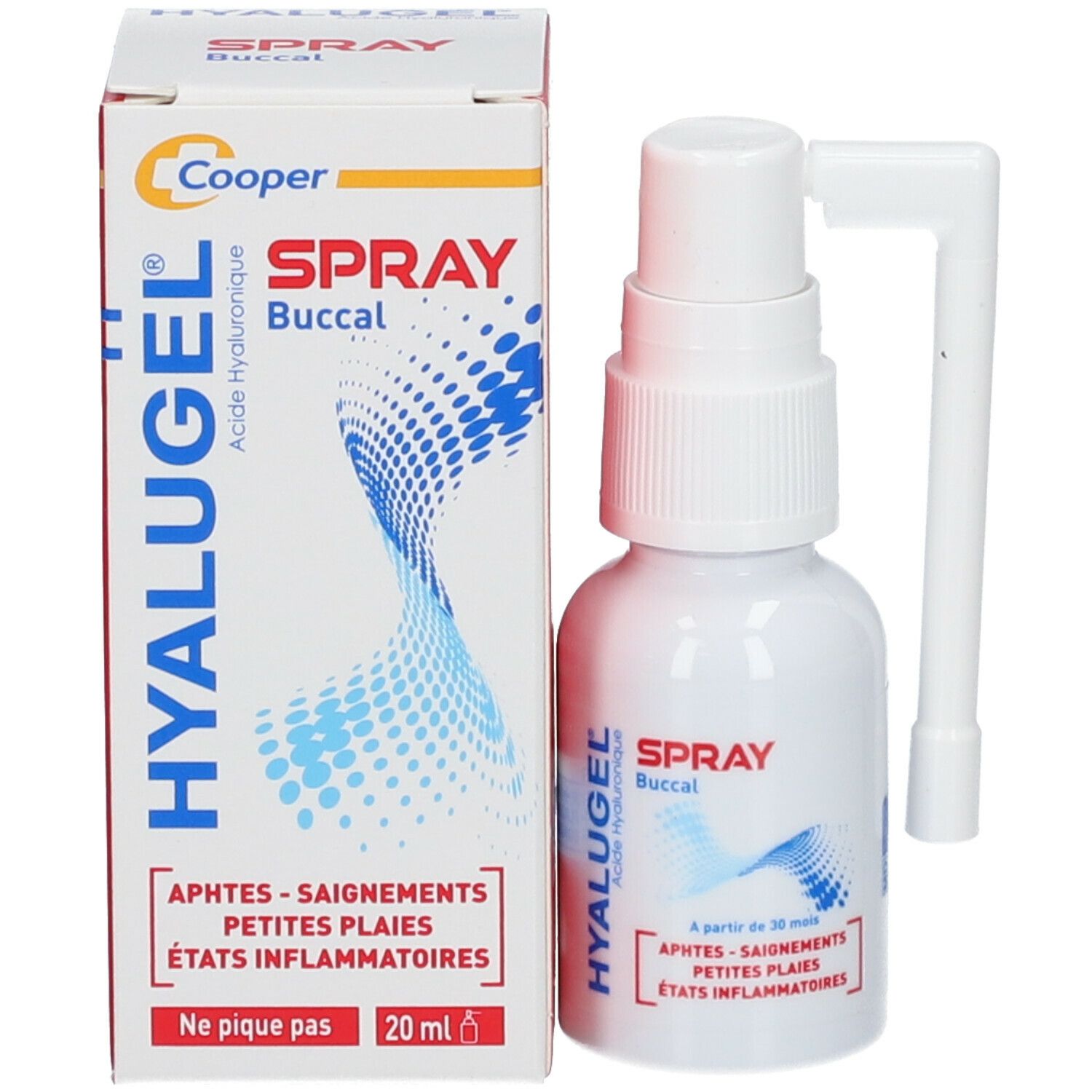 Flacon spray blanc et boîte. Inscriptions: HYALUGEL, SPRAY Buccal. Boîte: 20 ml. Indications: Aphtes, saignements, petites plaies, états inflammatoires.