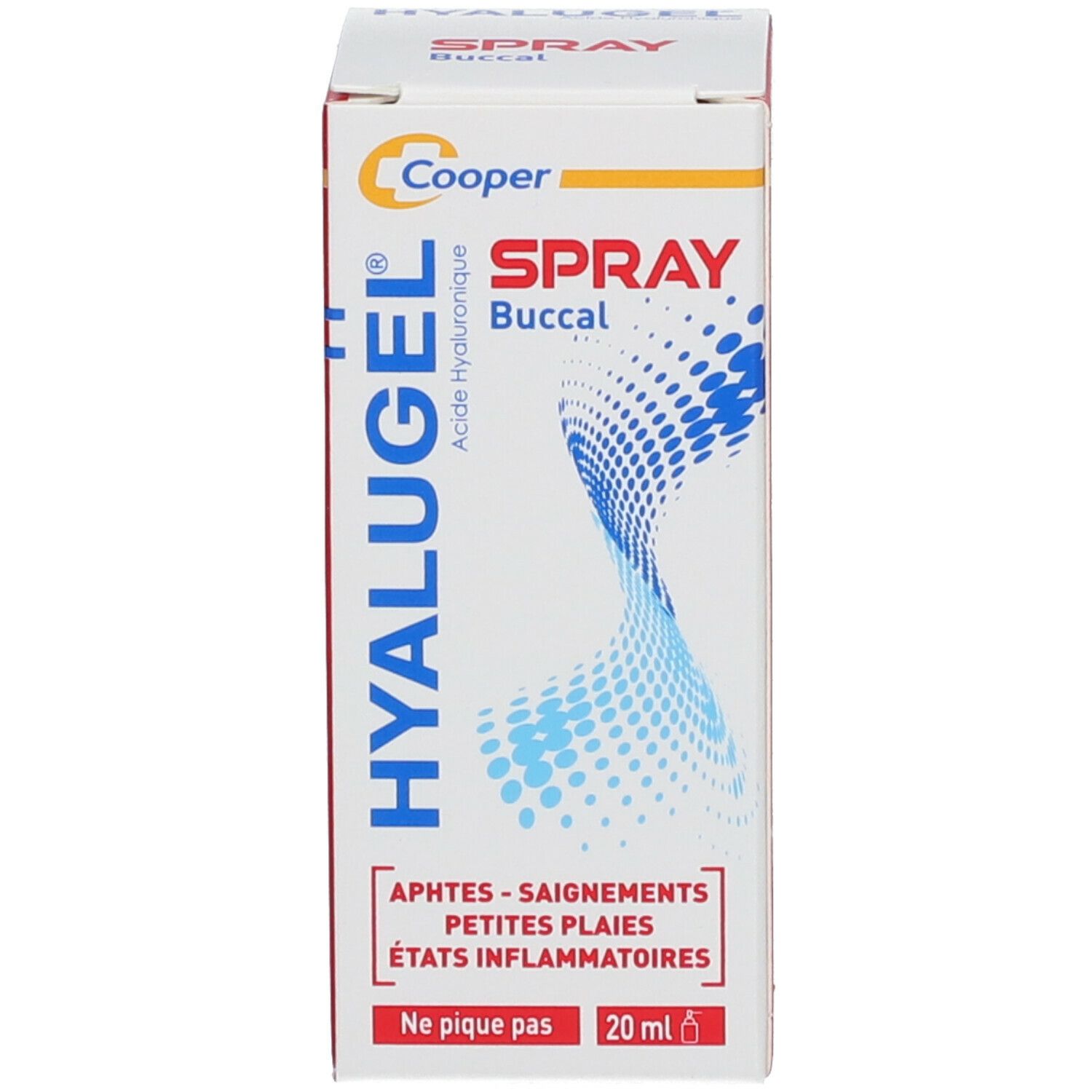Boîte avec inscriptions: HYALUGEL, SPRAY Buccal. Indications: Aphtes, saignements, petites plaies, états inflammatoires. Impression: 20 ml.