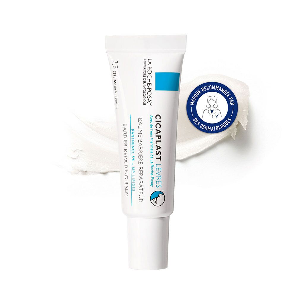 Tube blanc et bleu de baume à lèvres. Texte : LA ROCHE-POSAY, CICAPLAST LEVRES. Recommandé par les dermatologues.