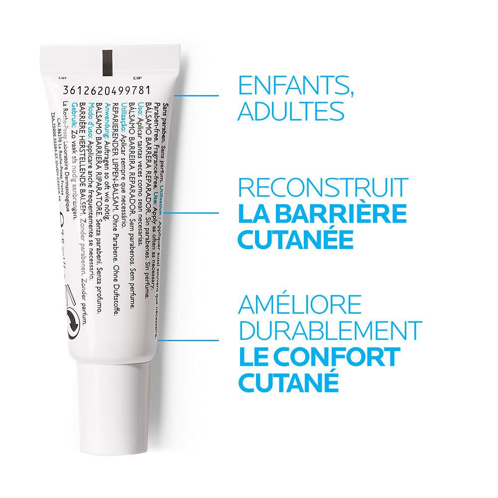 Gros plan du dos d'un tube. Texte : ENFANTS, ADULTES, RECONSTRUIT LA BARRIERE CUTANEE, AMELIORE LE CONFORT CUTANÉ.