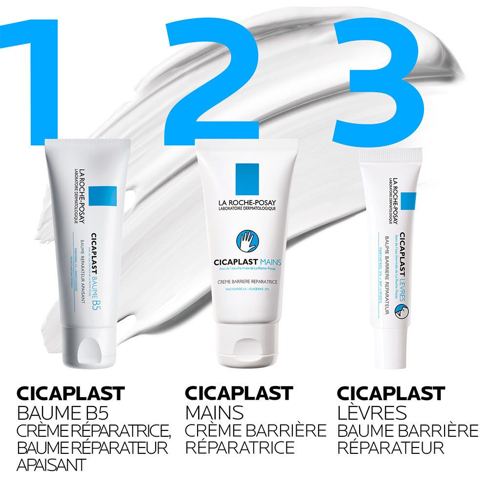 Trois tubes de produits CICAPLAST. Gauche : B5, milieu : Mains, droite : LEVRES. Texte : Crème, Baume, Baume.