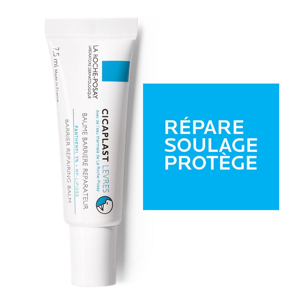 Tube blanc avec rectangle bleu. Texte : LA ROCHE-POSAY, CICAPLAST LEVRES, RÉPARE, SOULAGE, PROTÈGE.
