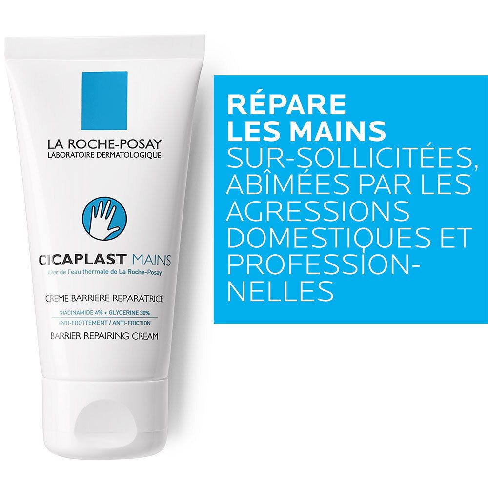Tube avec carré bleu et logo. Texte: CICAPLAST MAINS. Répare les mains abîmées.