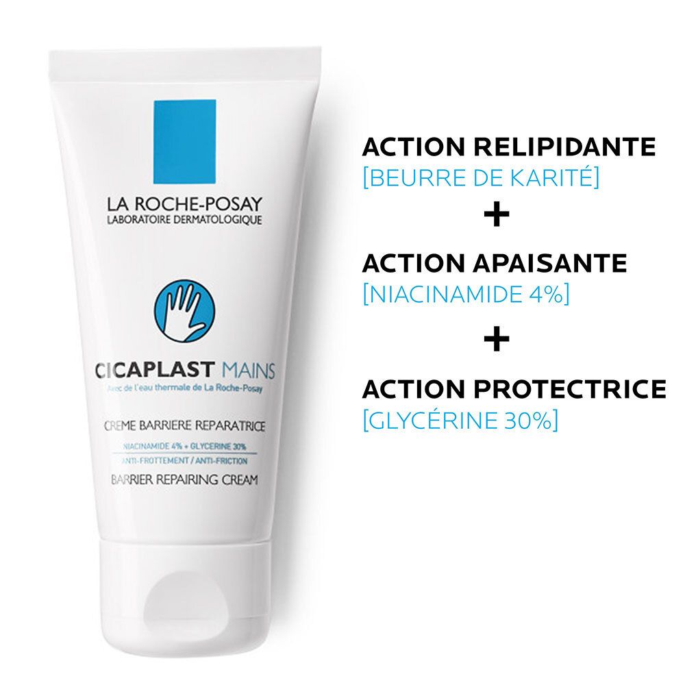 Tube avec carré bleu et logo. Texte: CICAPLAST MAINS. Ingrédients: Karité, Niacinamide, Glycérine.