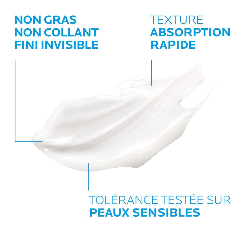 Éclaboussure de crème blanche. Texte: Non gras, invisible. Absorption rapide. Testé sur peaux sensibles.