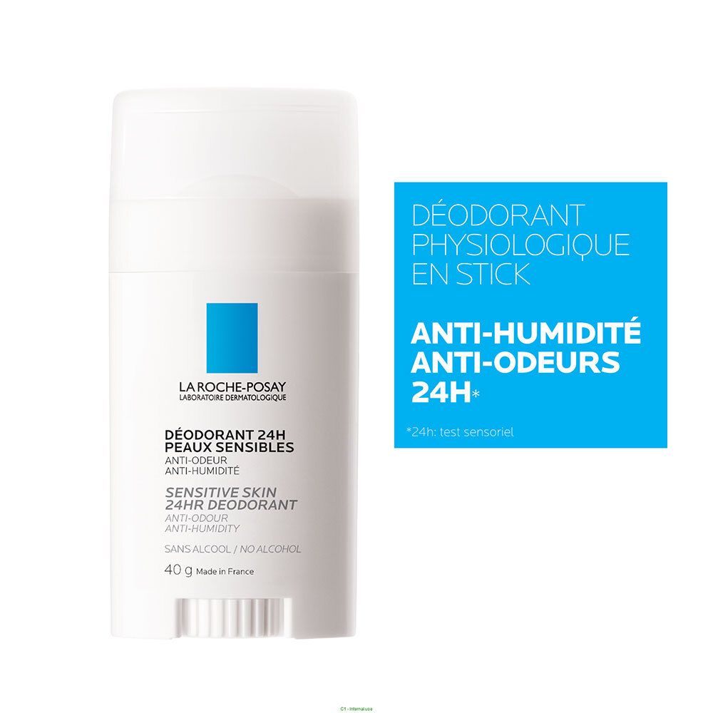 Stick déodorant blanc, carré bleu. Texte: La Roche-Posay, Déodorant 24H Peaux Sensibles. Bloc bleu: Déodorant Physiologique en Stick.