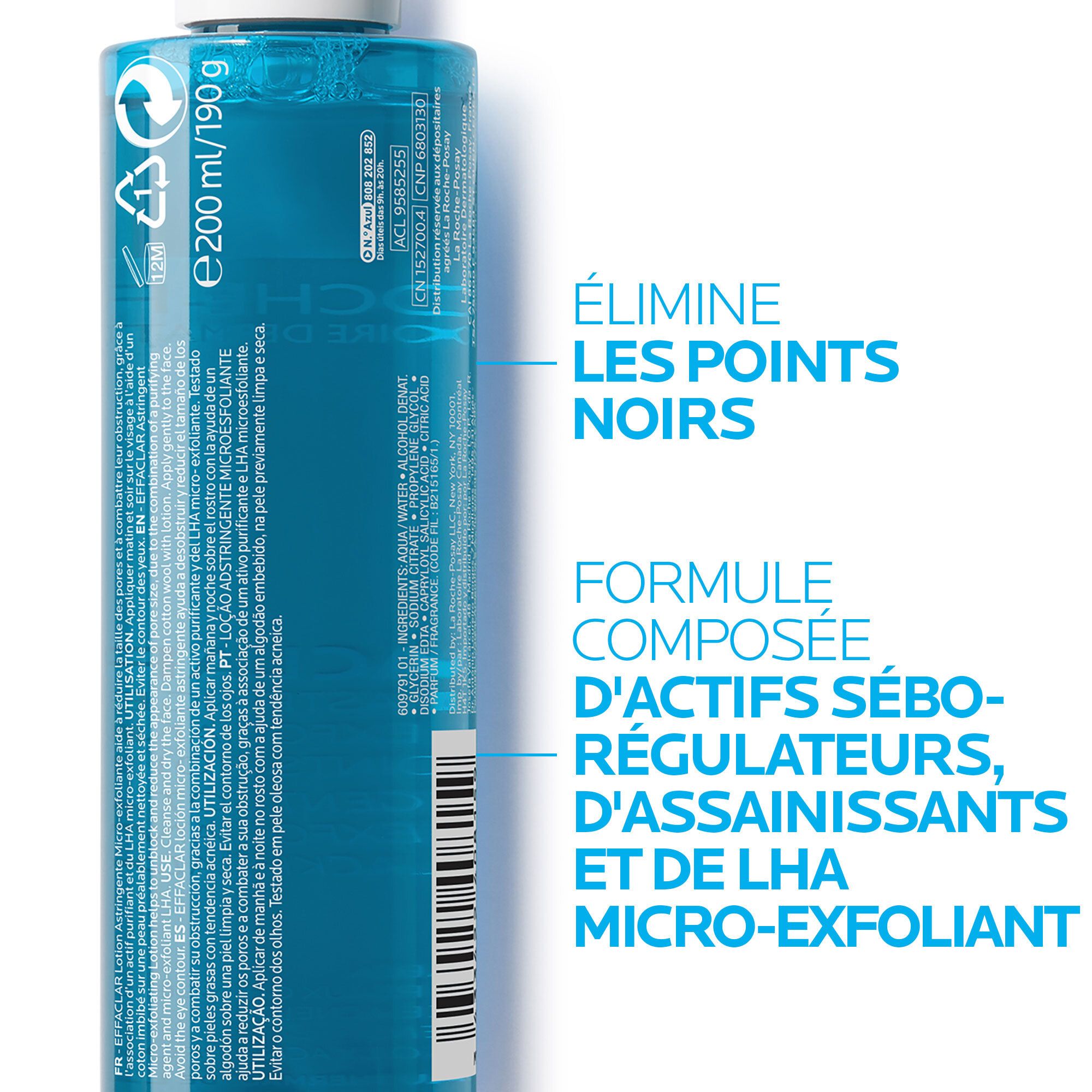 Dos du flacon bleu. Texte: ingrédients, instructions d'utilisation. Volume: 200ml. Symbole de recyclage.