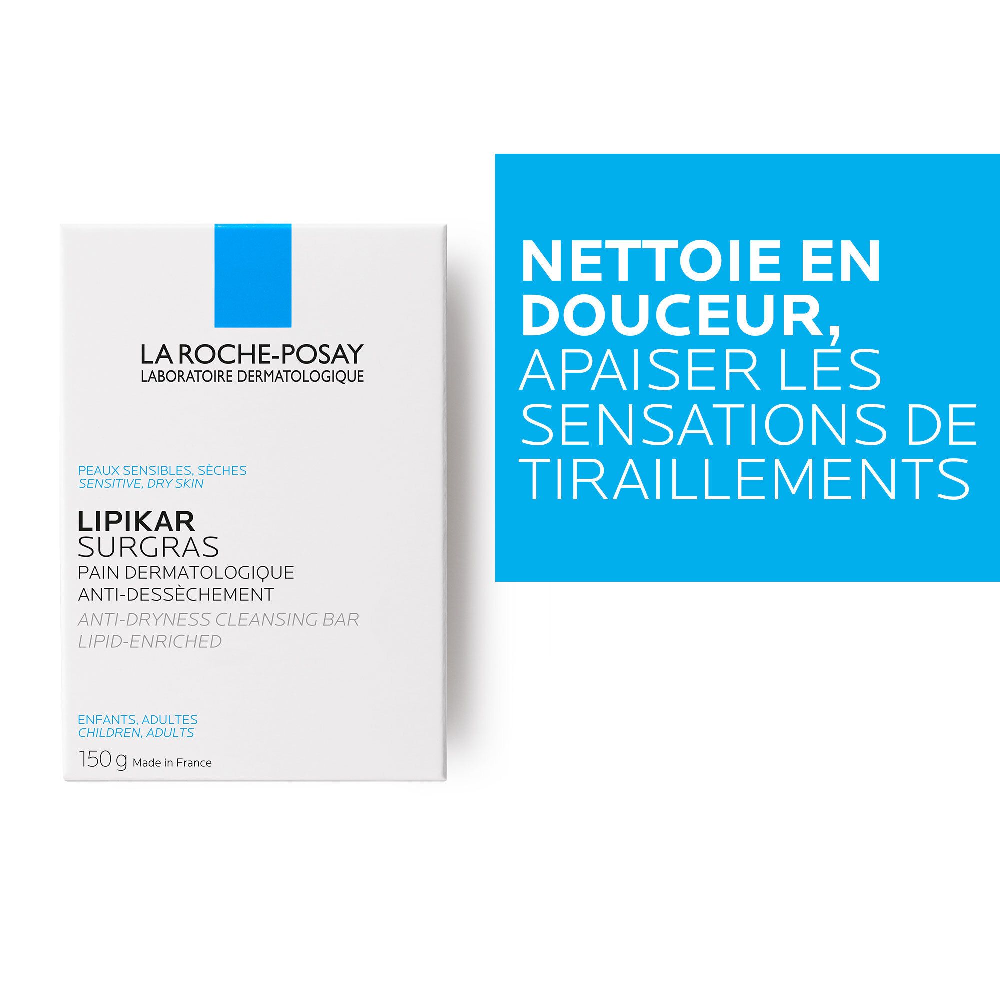 Witte verpakking met blauwe accenten. Productnaam en logo van La Roche-Posay. Tekst: Nettoie en douceur.