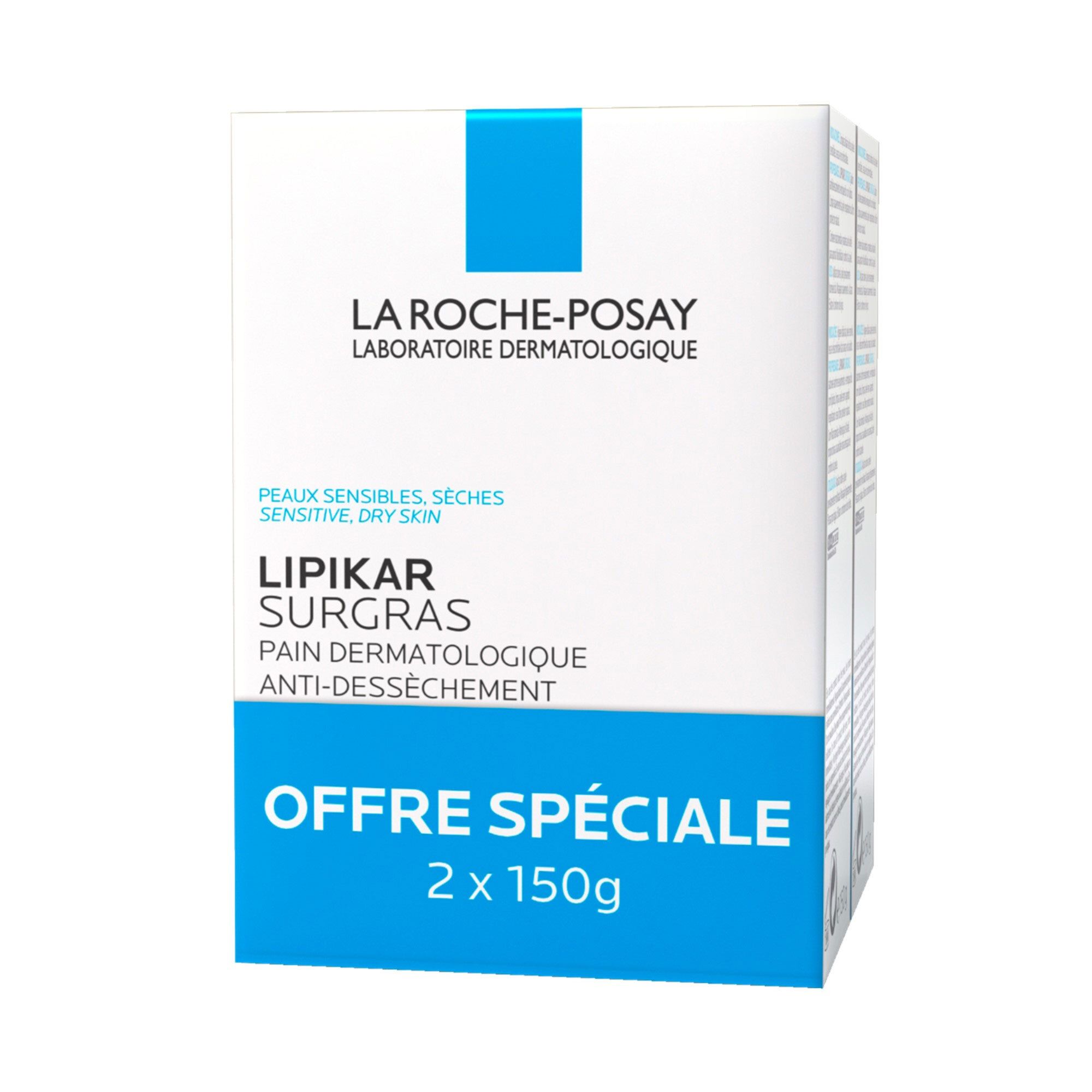 Verpackung mit zwei Seifenstücken. Marke LA ROCHE-POSAY. Für empfindliche, trockene Haut. Spezielles Angebot.