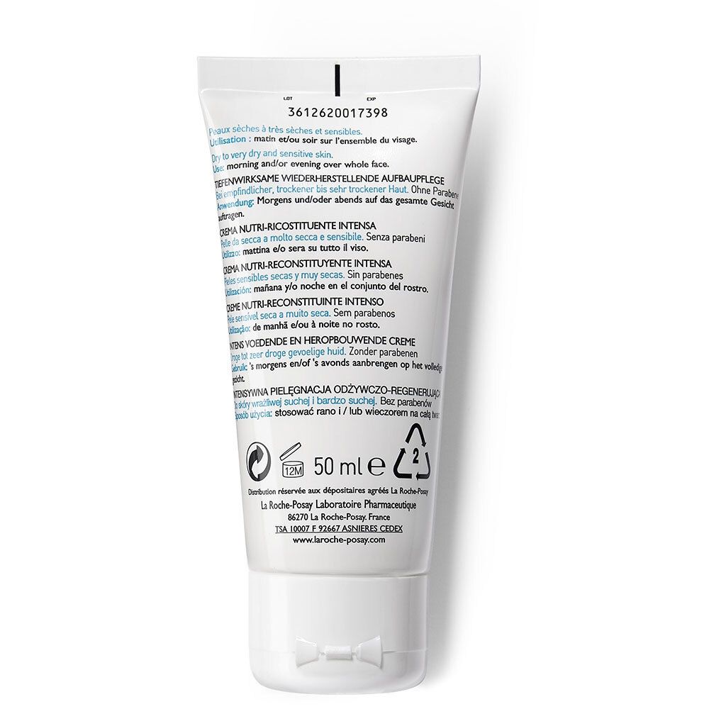 Rückseite der Creme-Tube. Text in mehreren Sprachen. Volumen: 50 ml. Herstellerinformationen.