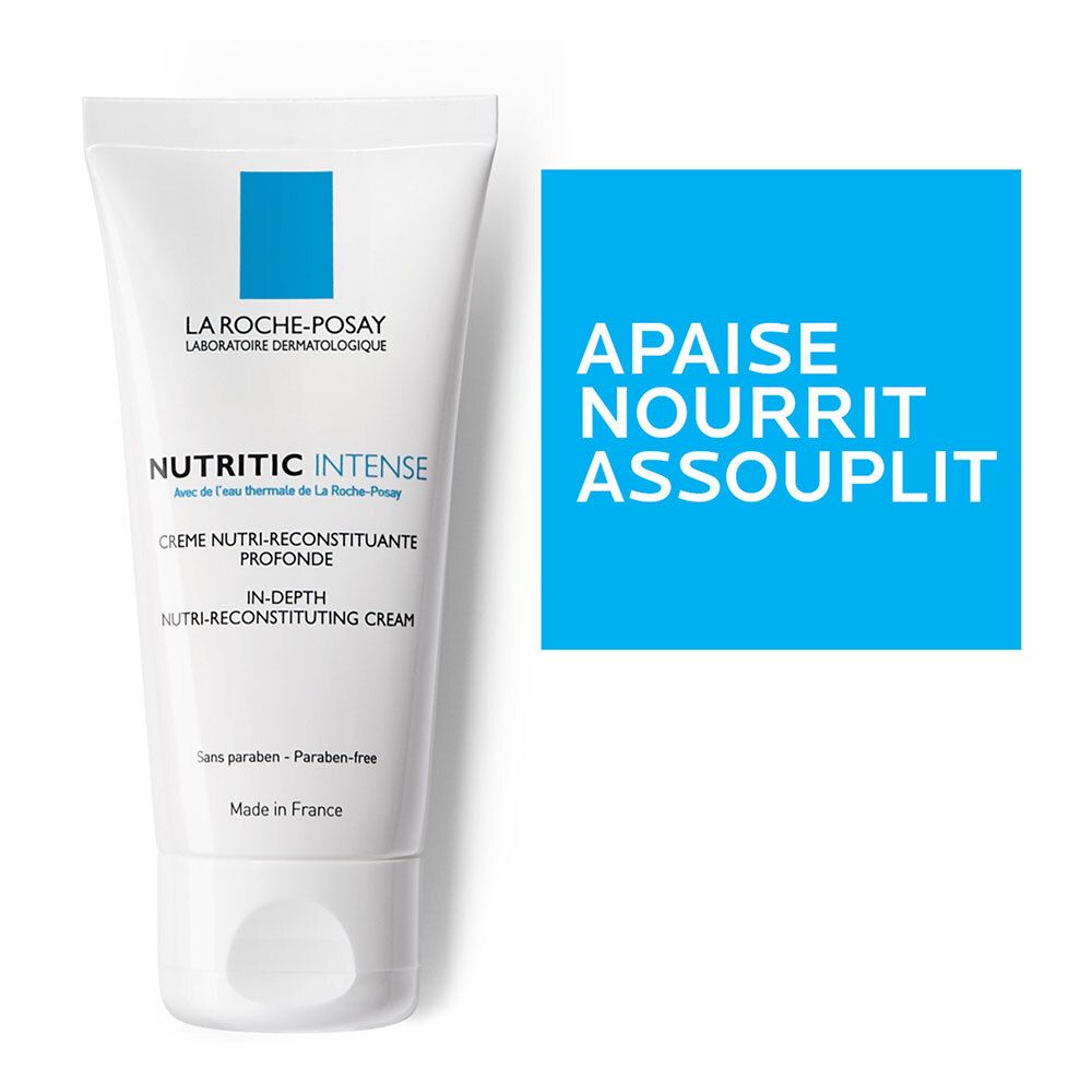 Creme-Tube mit blauem Quadrat. Text: APAISE NOURRIT ASSOUPLIT. Marke: LA ROCHE-POSAY. Produktname.