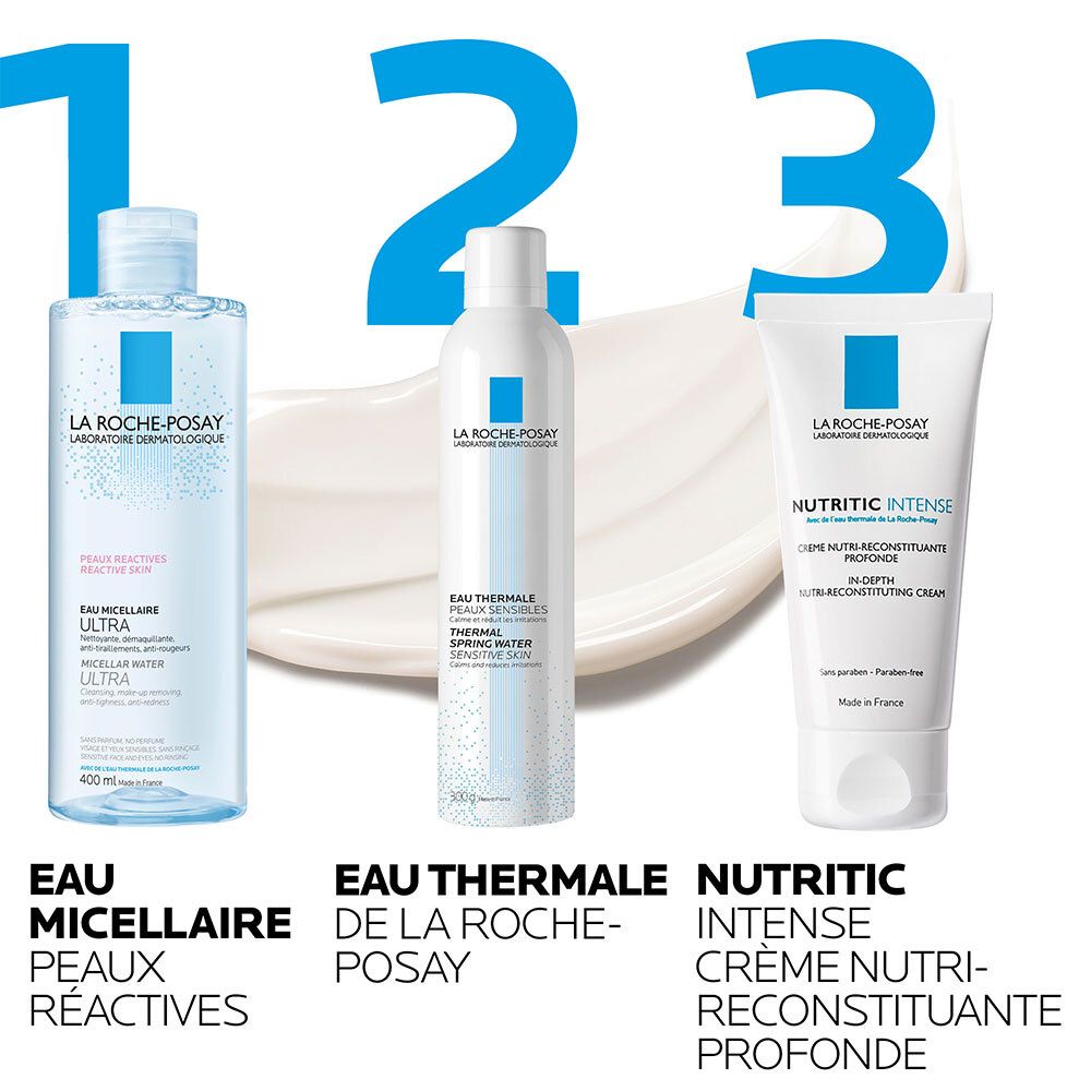 Drei Produkte: Mizellenwasser, Thermalwasser, Creme. Marke: LA ROCHE-POSAY. Produktnamen.