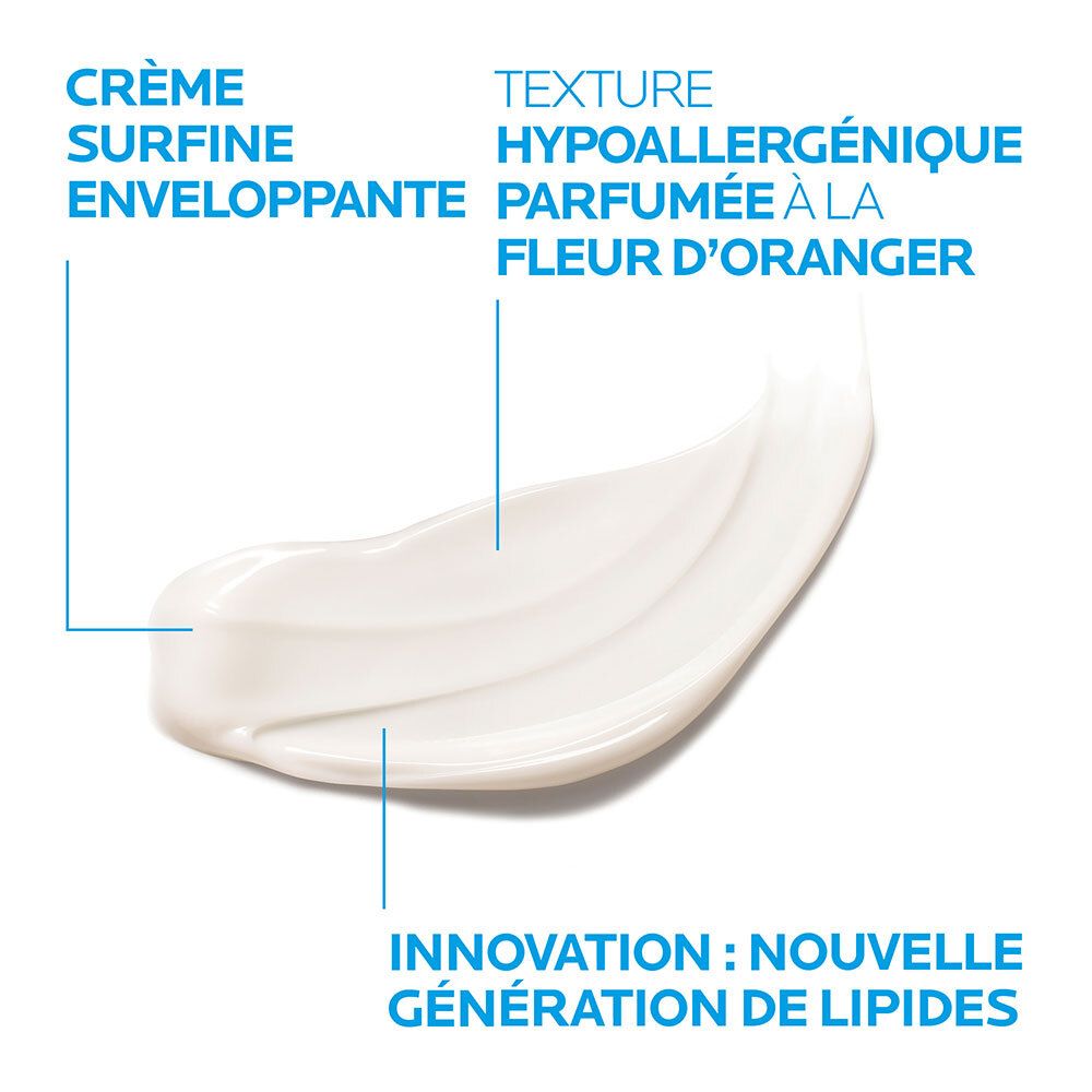 Creme-Textur auf weißem Hintergrund. Text: Creme, hypoallergen, Innovation: neue Lipide.