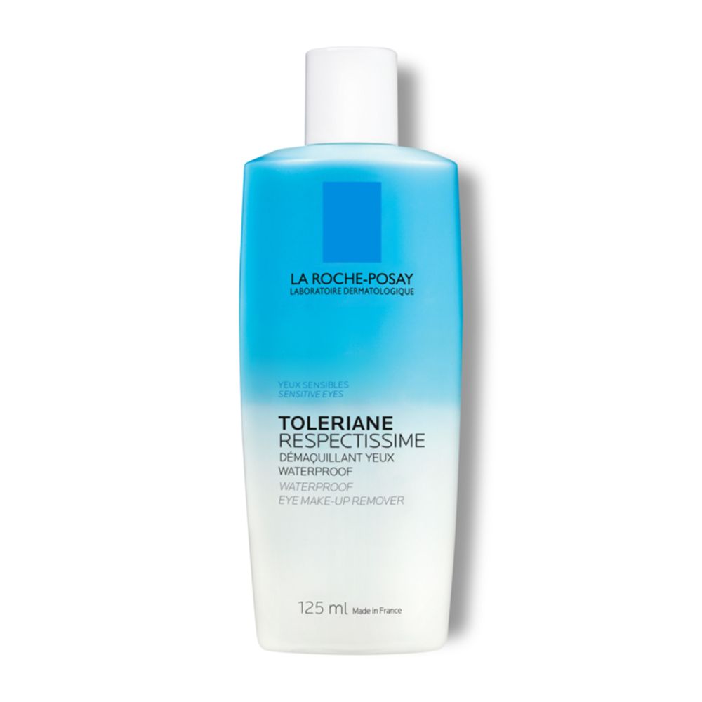 Flacon de démaquillant yeux bleu et blanc. Marque La Roche-Posay. 125 ml.