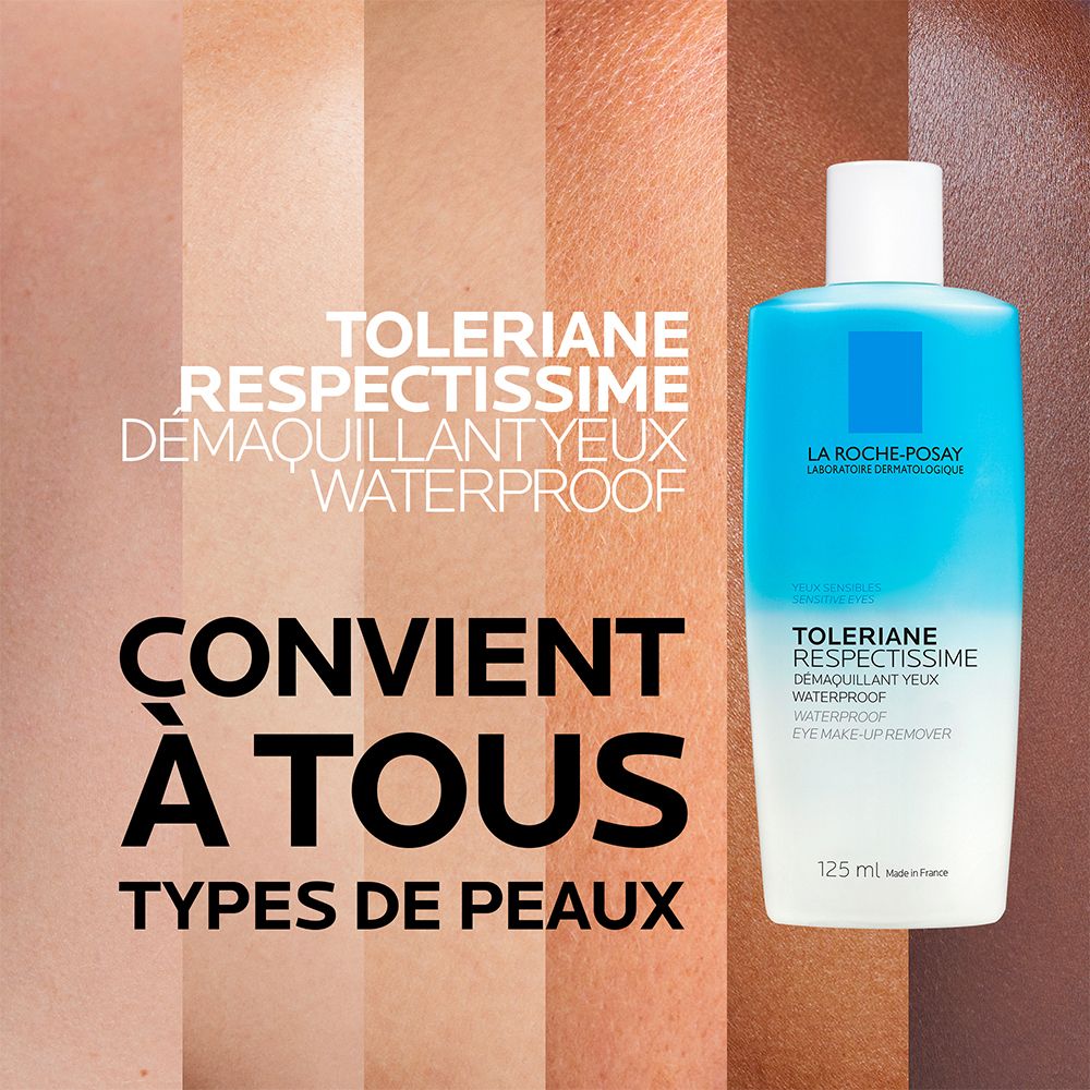 Flacon de produit avec texte: 'Convient à tous types de peaux'.