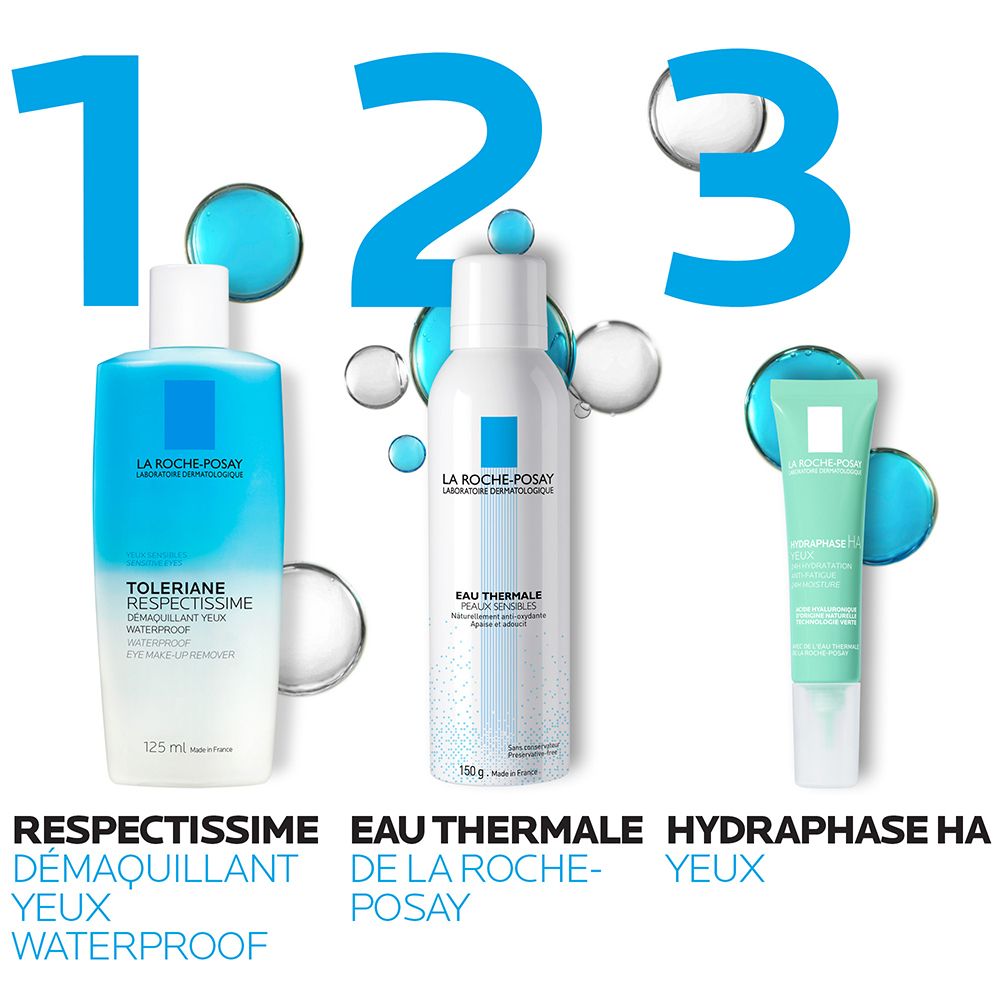 Trois produits: démaquillant yeux, Eau Thermale, Hydraphase HA yeux.