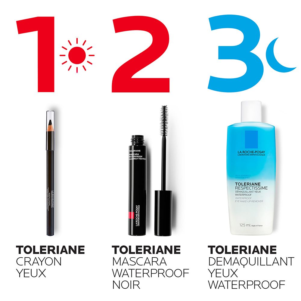 Trois produits: crayon yeux, mascara, démaquillant yeux.