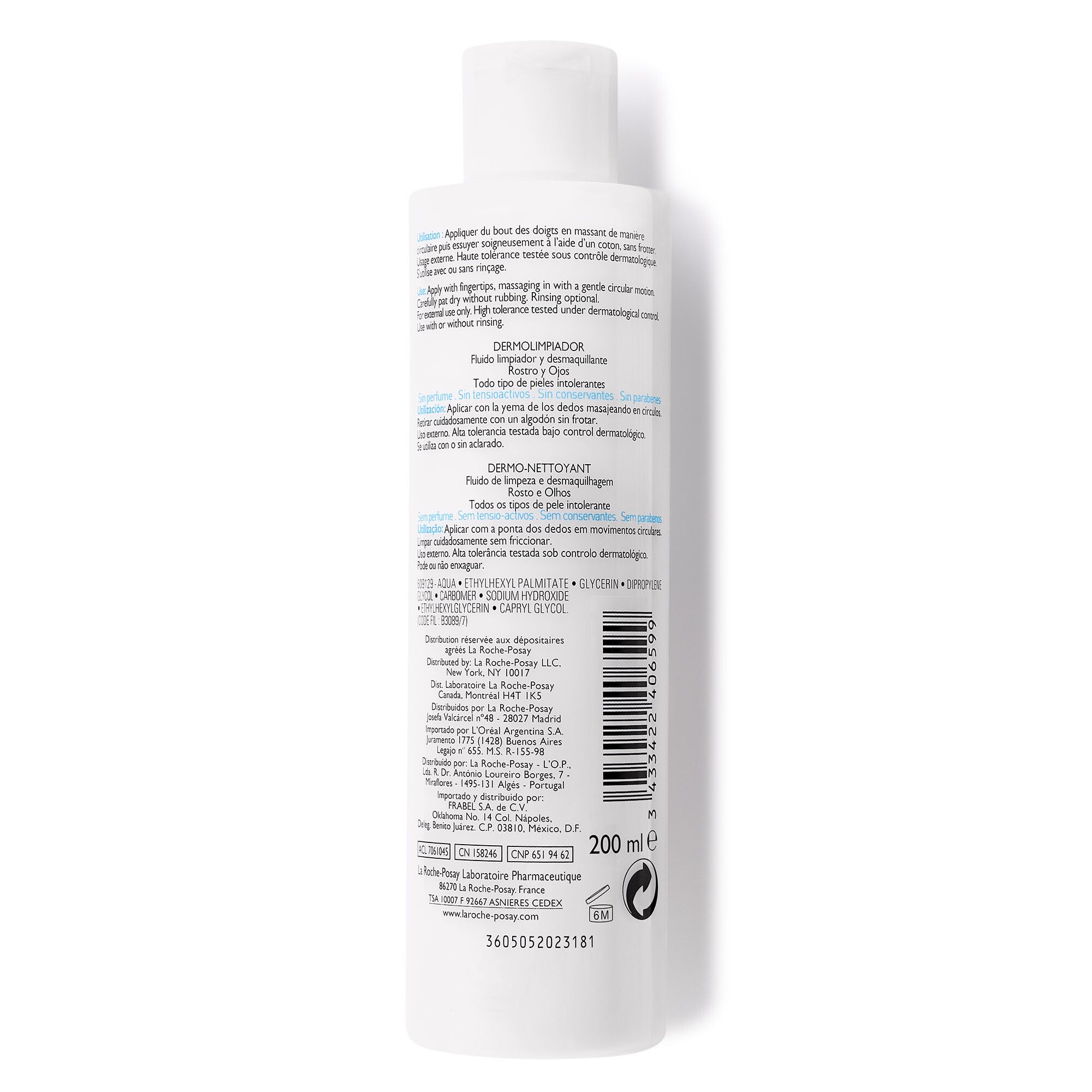 Achterkant van het witte flesje. Tekst in meerdere talen. Ingrediënten en fabrikantinfo. 200 ml.