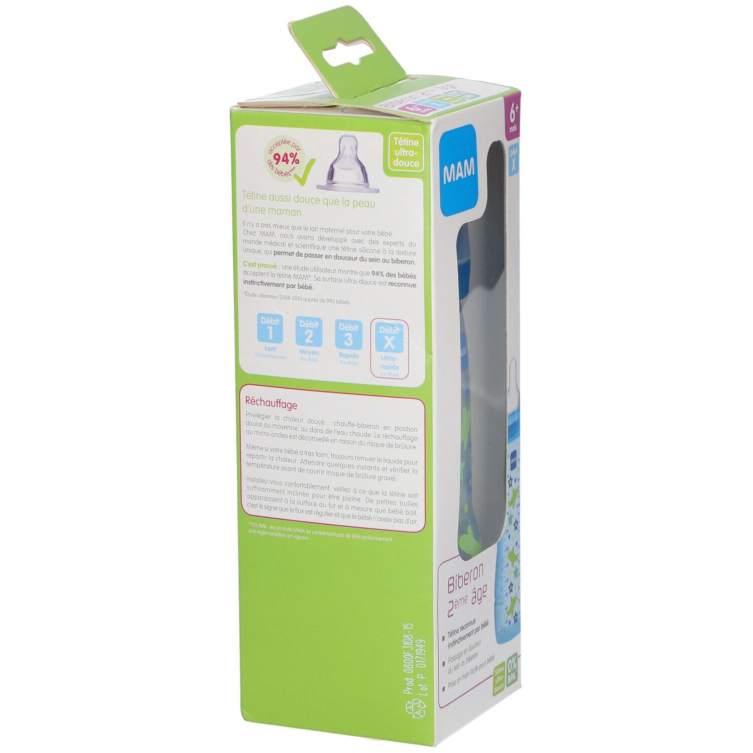 Rückseite der MAM Babyflaschen-Verpackung. Grün und weiß. Textinformationen, Produktabbildung, und MAM Logo.