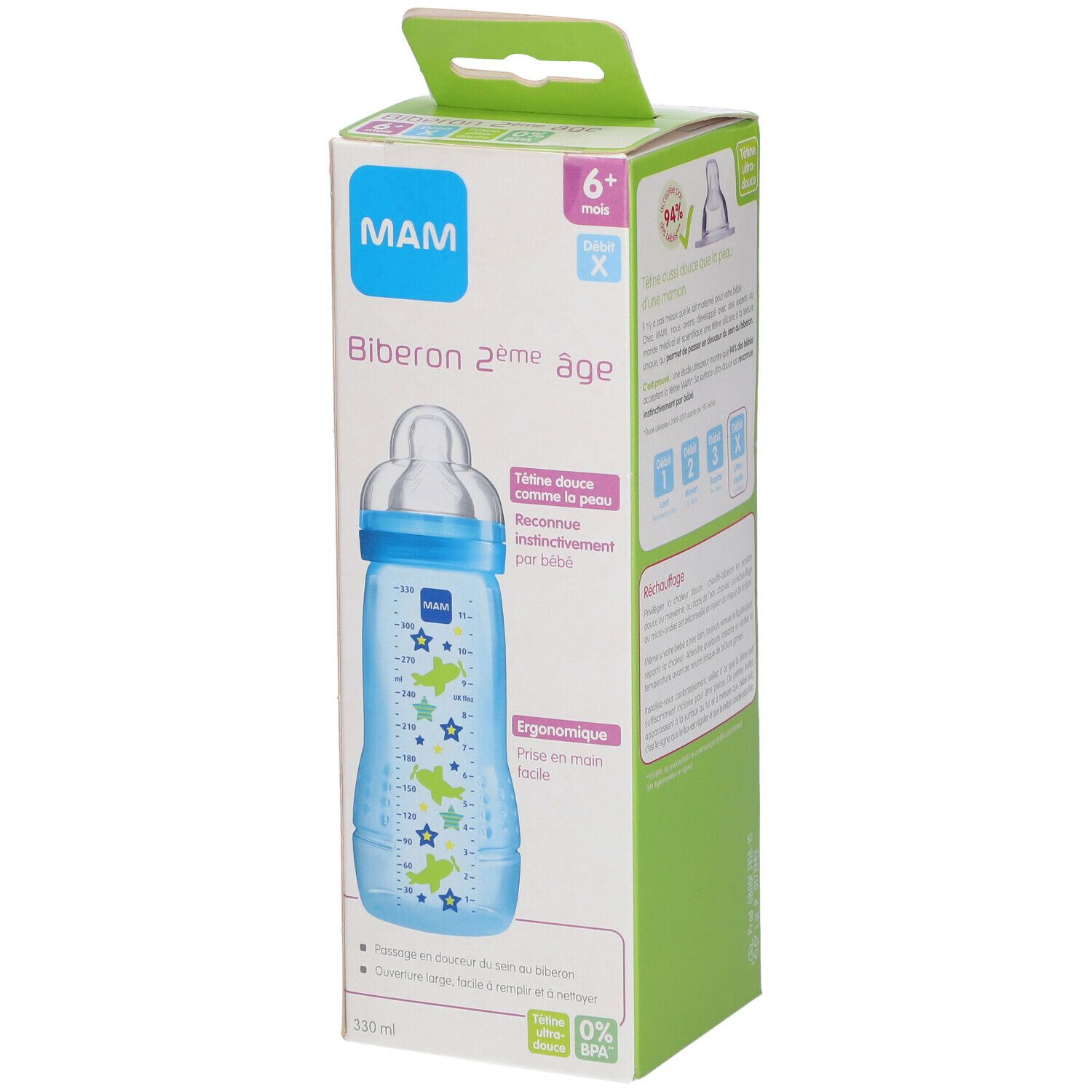 MAM Babyflasche, blau, mit Sternen und Flugzeug-Motiven. Aufdruck: 330 ml. Text: Biberon 2ème âge. 6+ Monate.