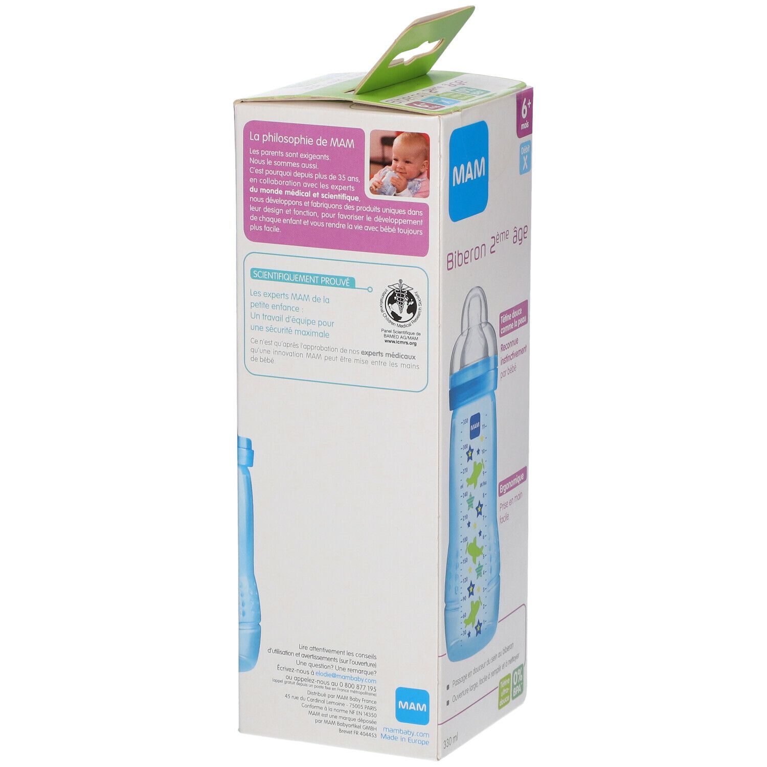 Rückseite der MAM Babyflaschen-Verpackung. Grün und weiß. Text, Produktabbildung, MAM Logo, und 6+ Monate.