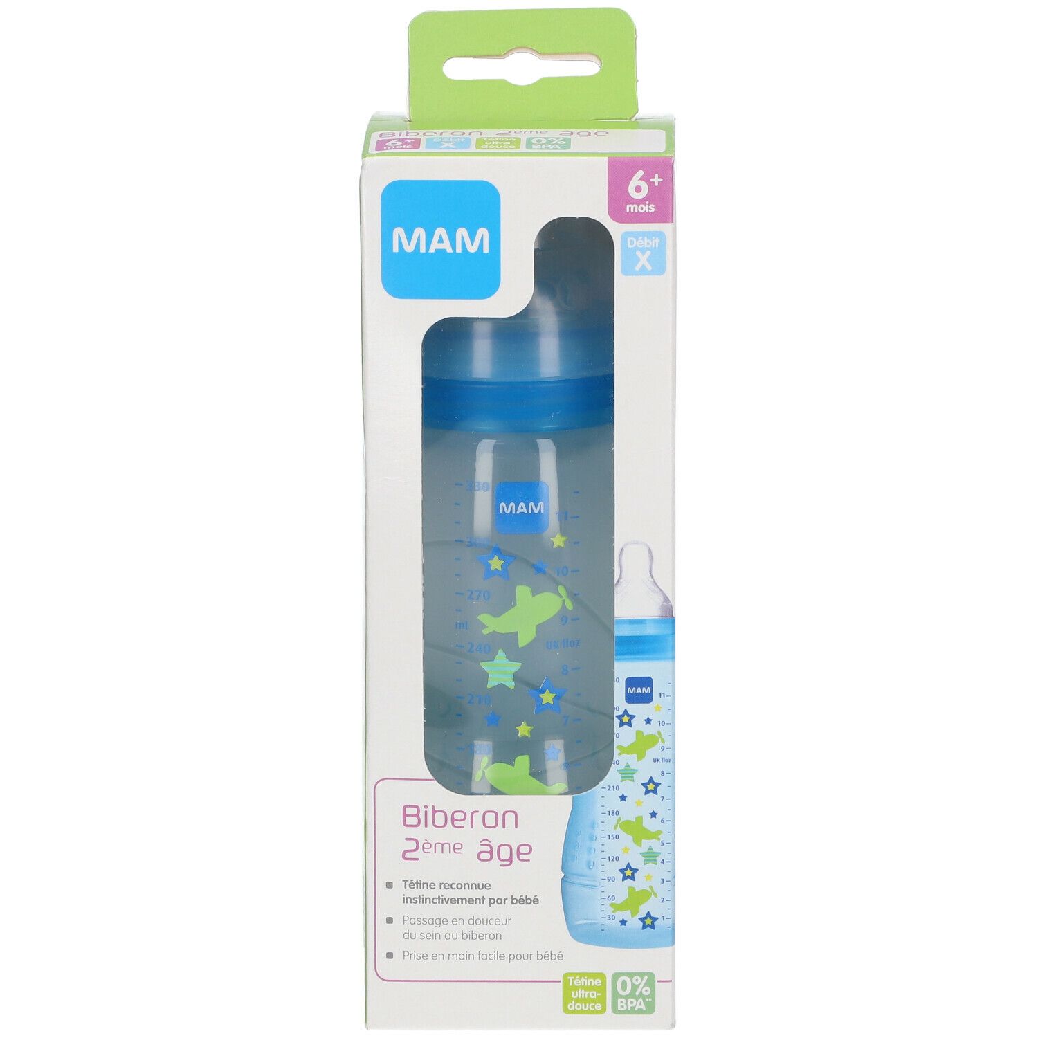 MAM Babyflasche in Verpackung. Blau, mit Sternen und Flugzeug-Motiven. Sichtfenster zeigt Flasche. 6+ Monate.