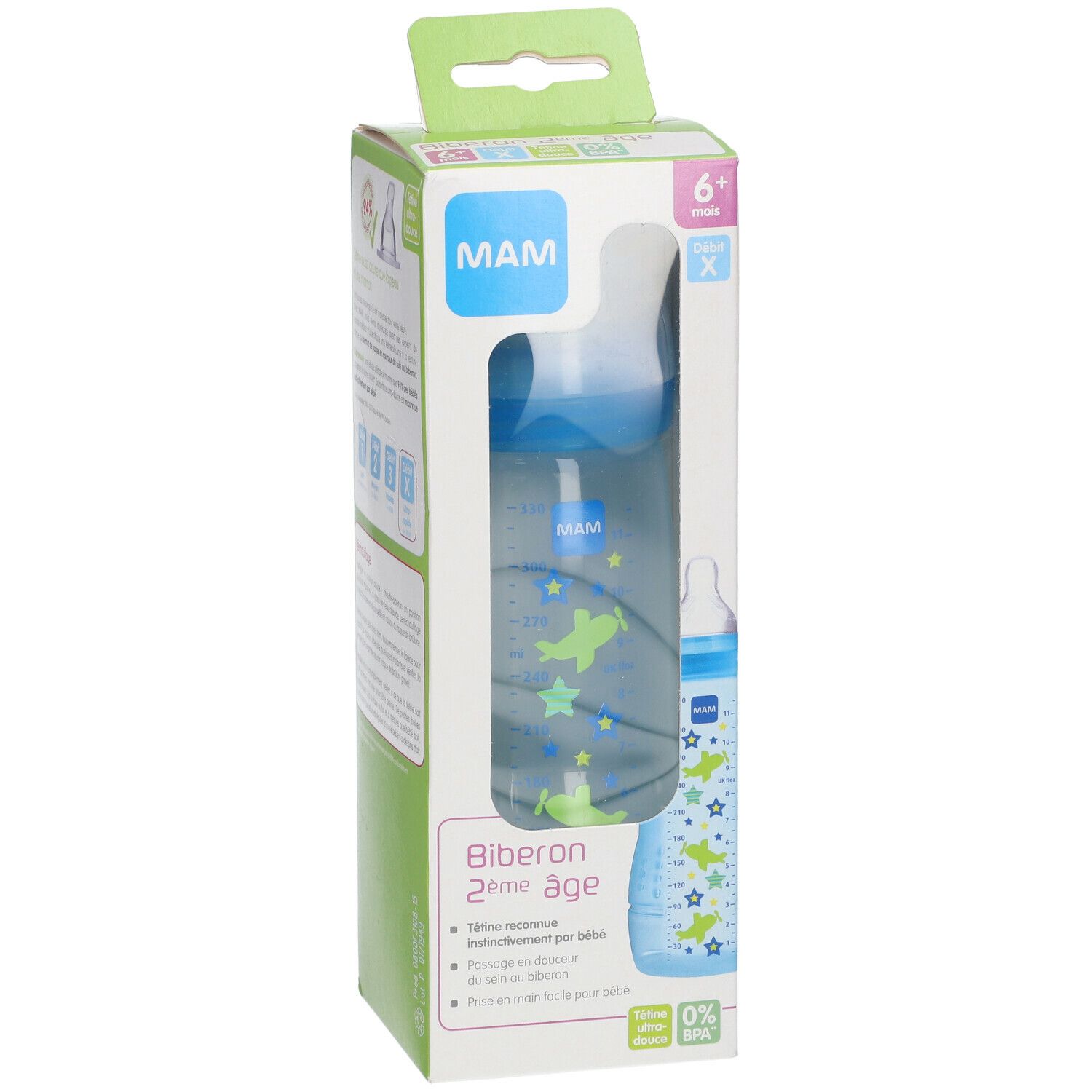 MAM Babyflasche in Verpackung. Blau, mit Sternen und Flugzeug-Motiven. Sichtfenster zeigt Flasche. 6+ Monate.