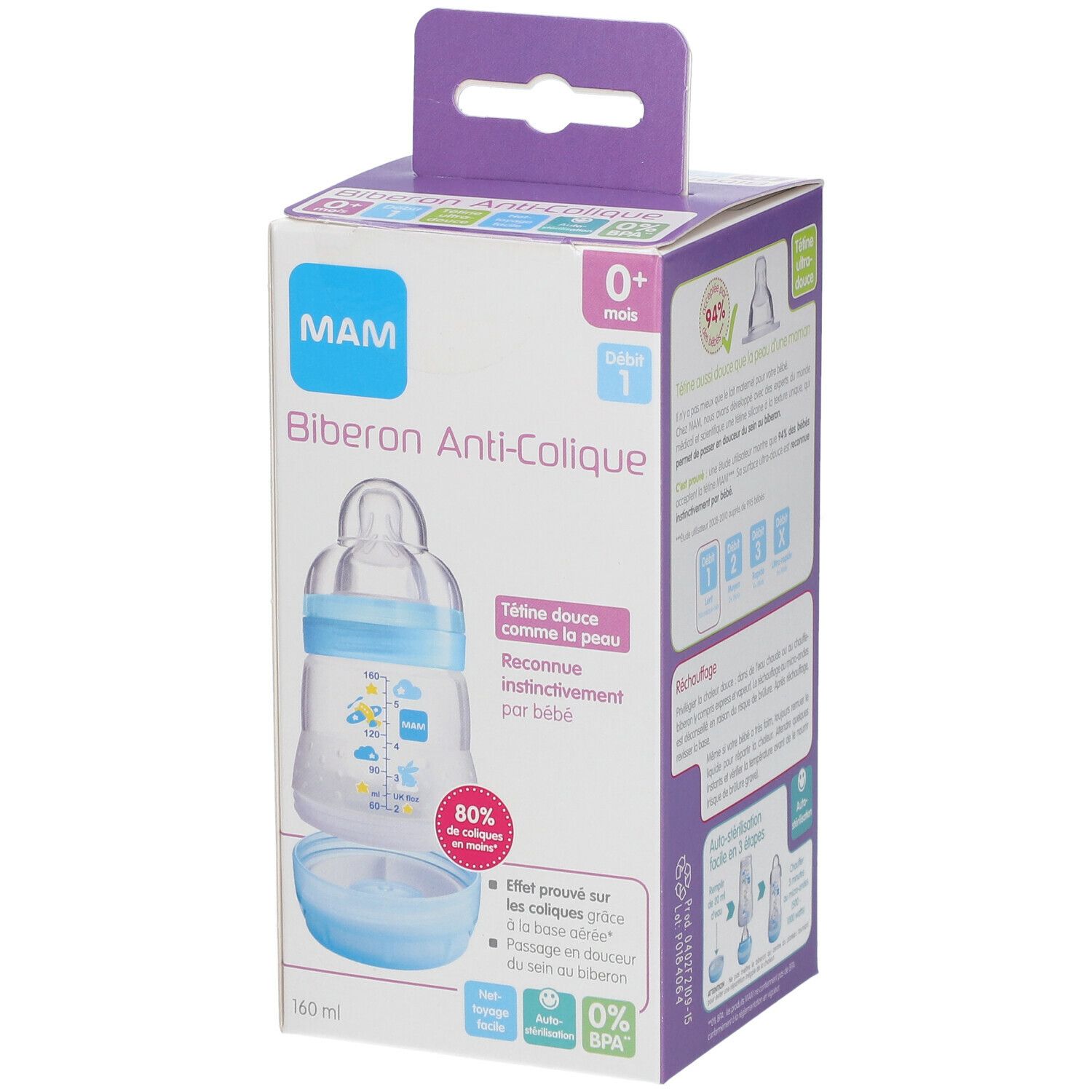 Verpackung der MAM Anti-Kolik Flasche. Sichtbar: Flasche, blaues Motiv, 160 ml, 0+ Monate, Größe 1. Text: Biberon Anti-Colique, MAM Logo.
