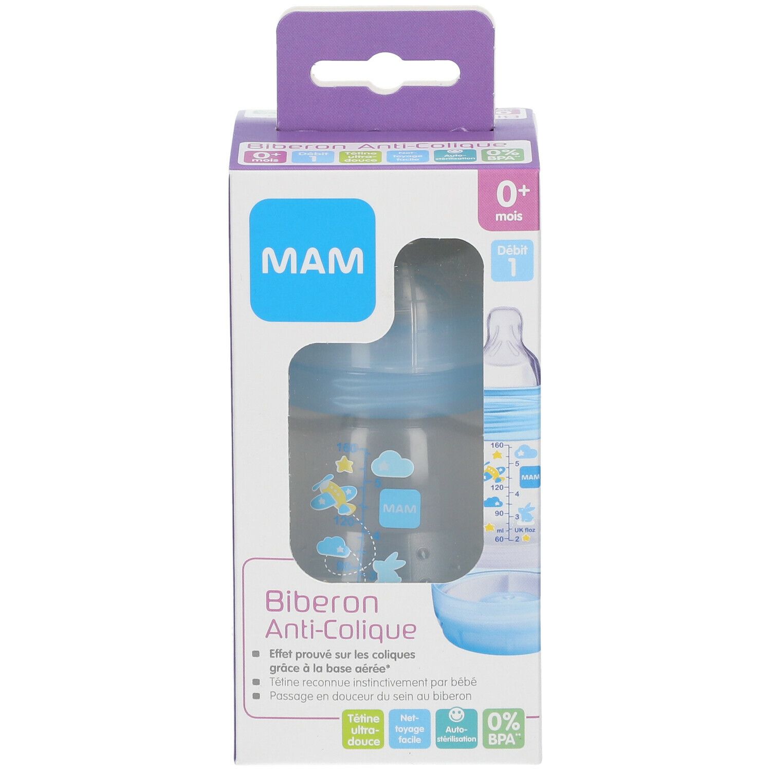 Verpackung der MAM Anti-Kolik Flasche. Sichtbar: Flasche, blaues Motiv, 0+ Monate, Größe 1. Text: Biberon Anti-Colique, MAM Logo.
