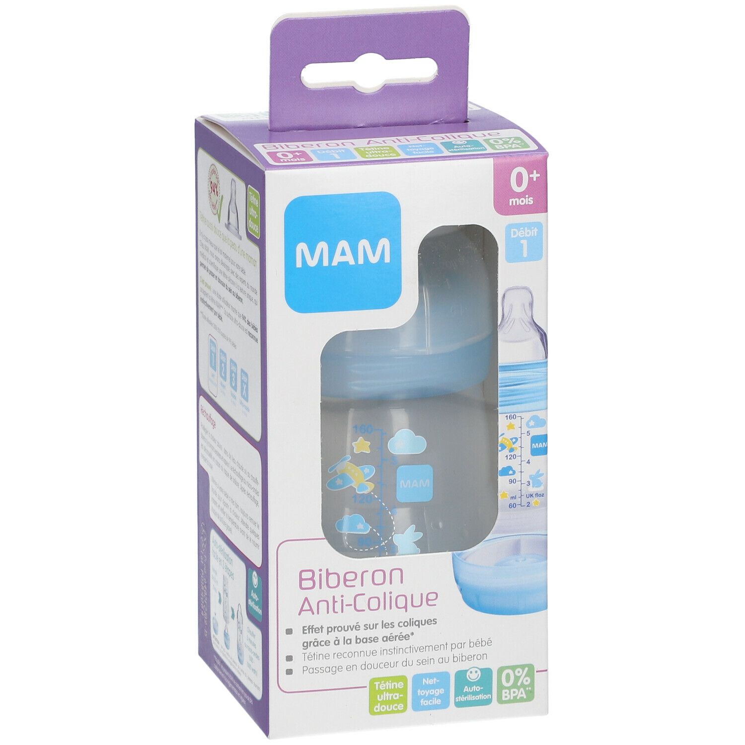 Verpackung der MAM Anti-Kolik Flasche. Sichtbar: Flasche, blaues Motiv, 0+ Monate, Größe 1. Text: Biberon Anti-Colique, MAM Logo.