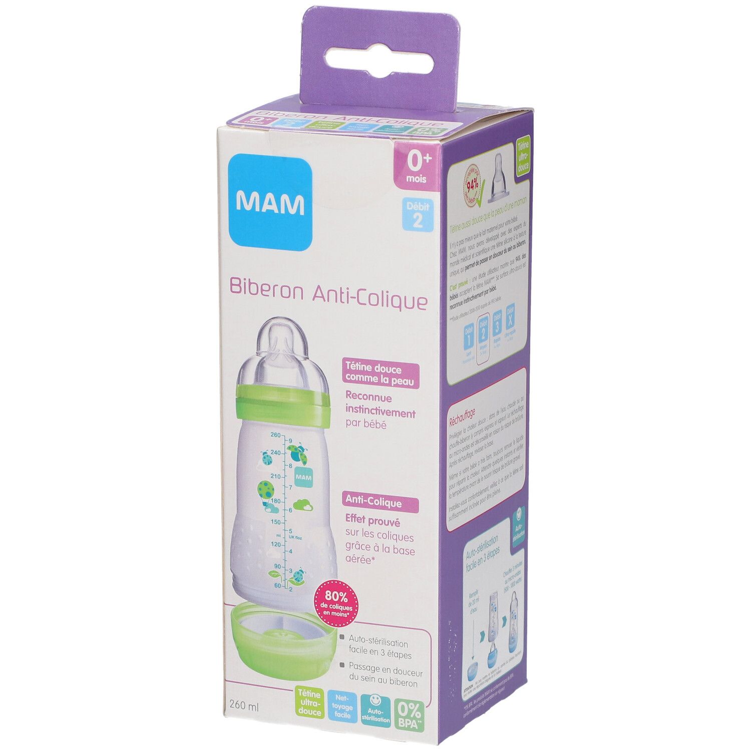 Biberon MAM Anti-colique dans son emballage. Vue de face. Vert, transparent, motifs. 0-6 mois, 260 ml. Informations.
