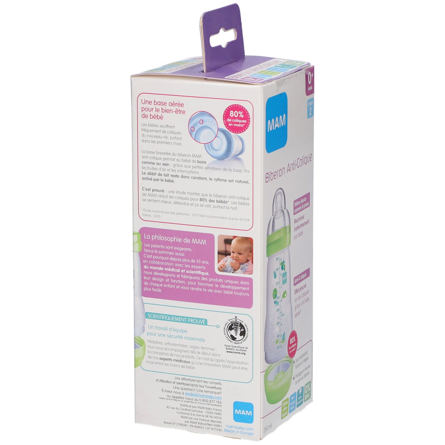 Emballage du biberon MAM Anti-colique. Vue latérale avec informations, illustrations et texte. Attache violette.