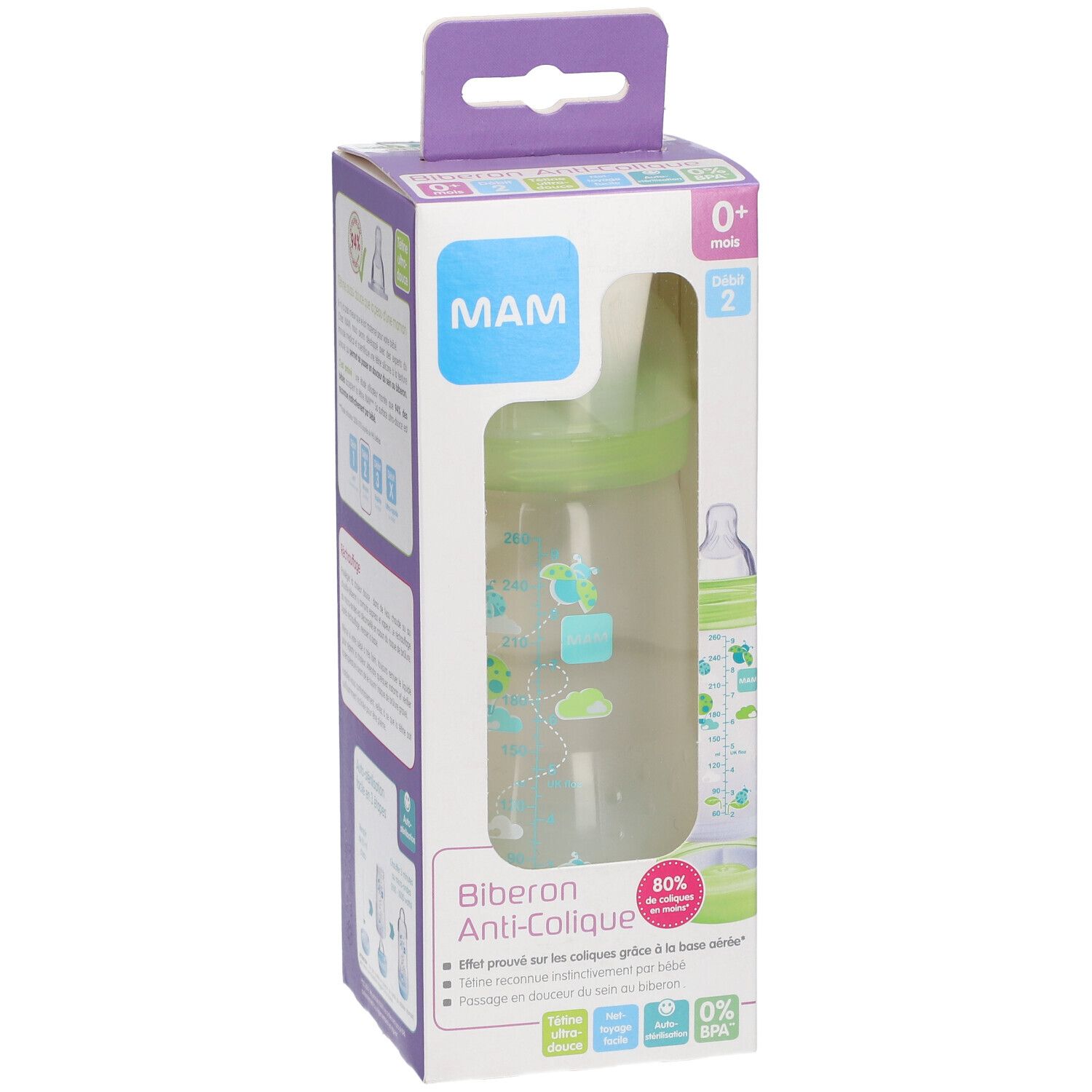 Biberon MAM Anti-colique dans son emballage. Vert, transparent, motifs. 0-6 mois, 260 ml. Informations.