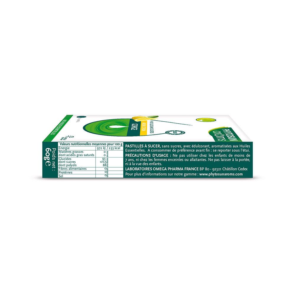 Vue latérale de la boîte de pastilles Phytosun Arôms. Ingrédients, valeurs nutritionnelles, précautions.